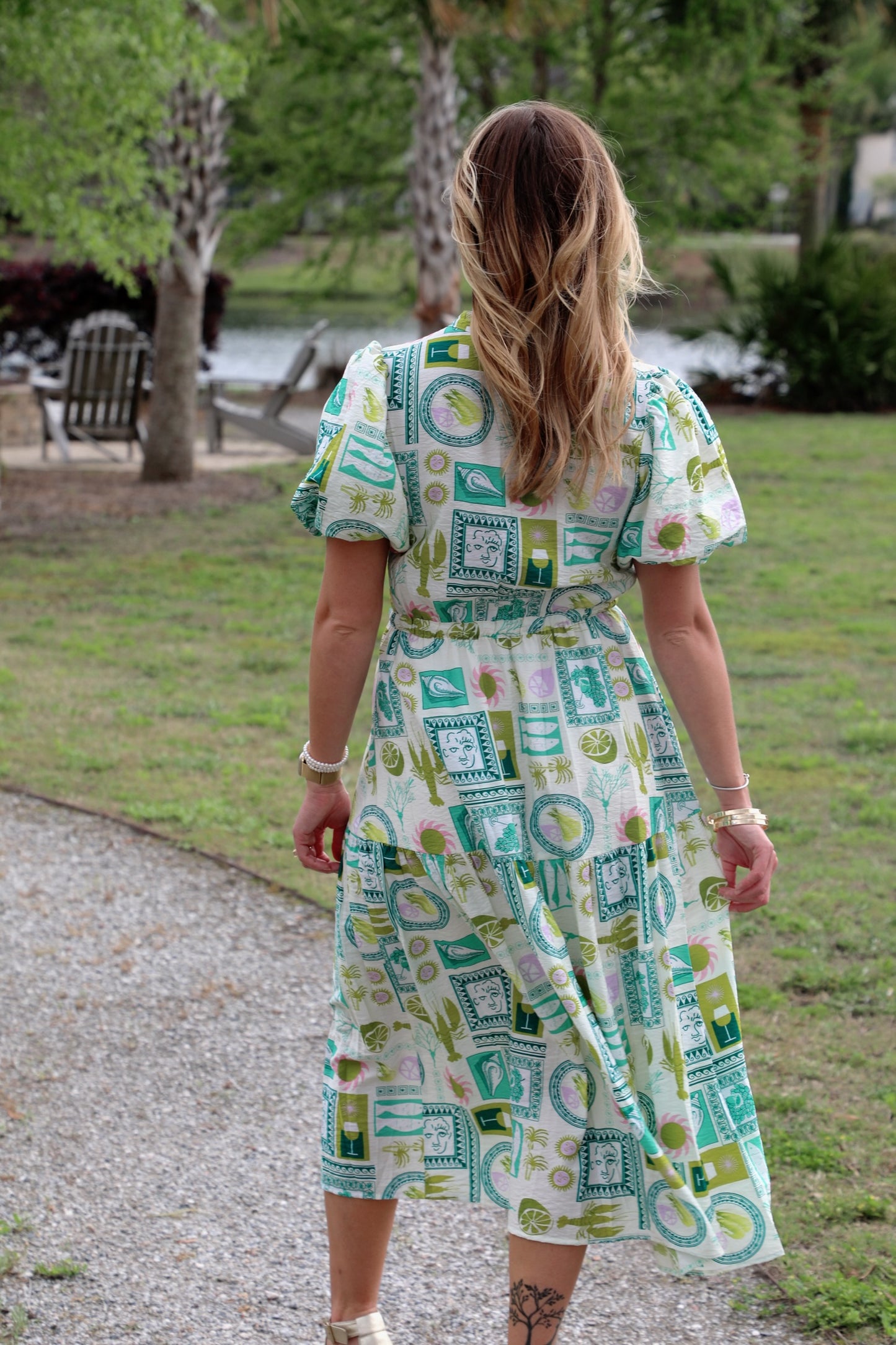 Printed Short Puff Sleeve Midi Dress with a Waist Tie