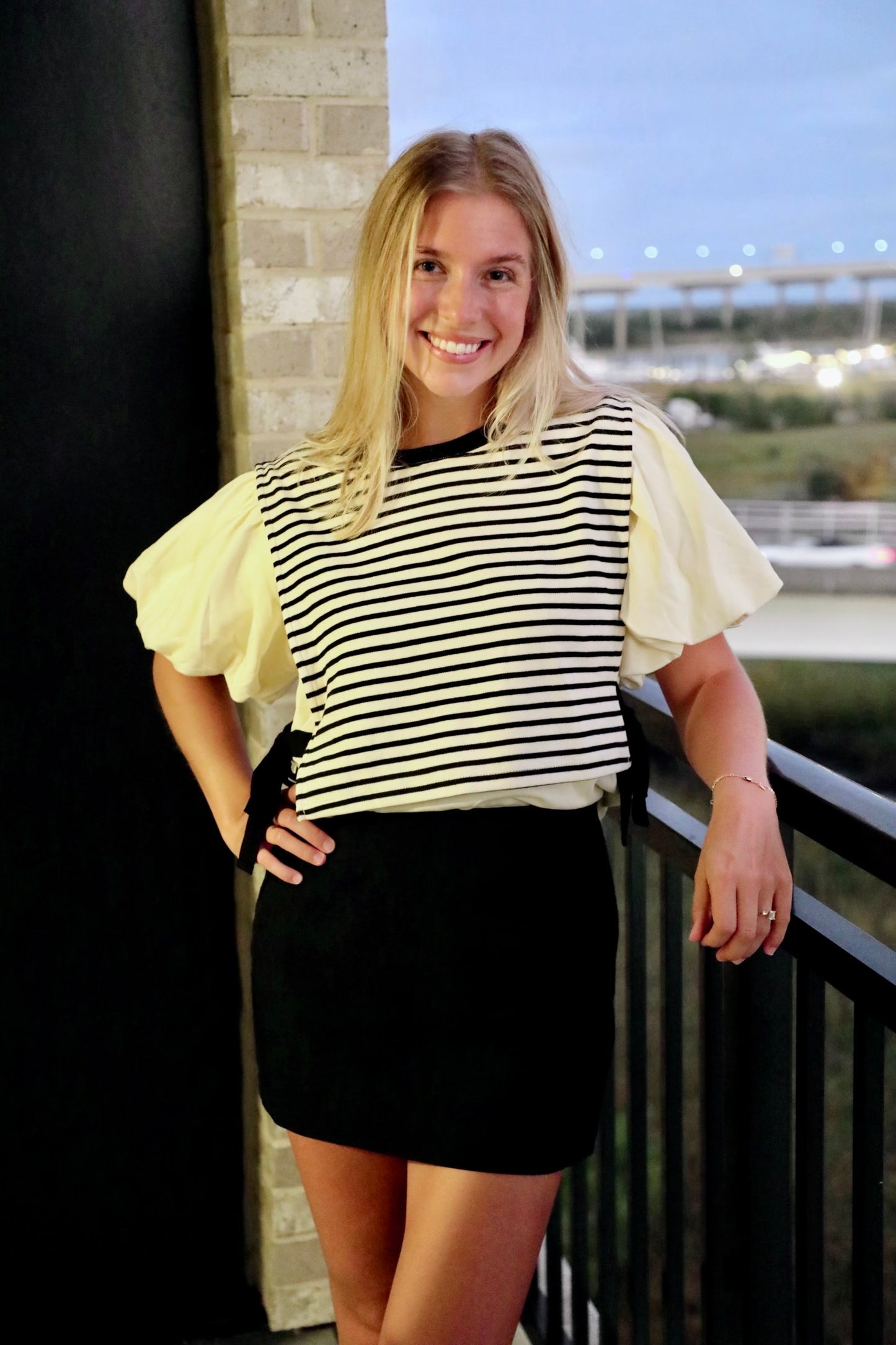 Black And Cream Striped Twofer Knit Top