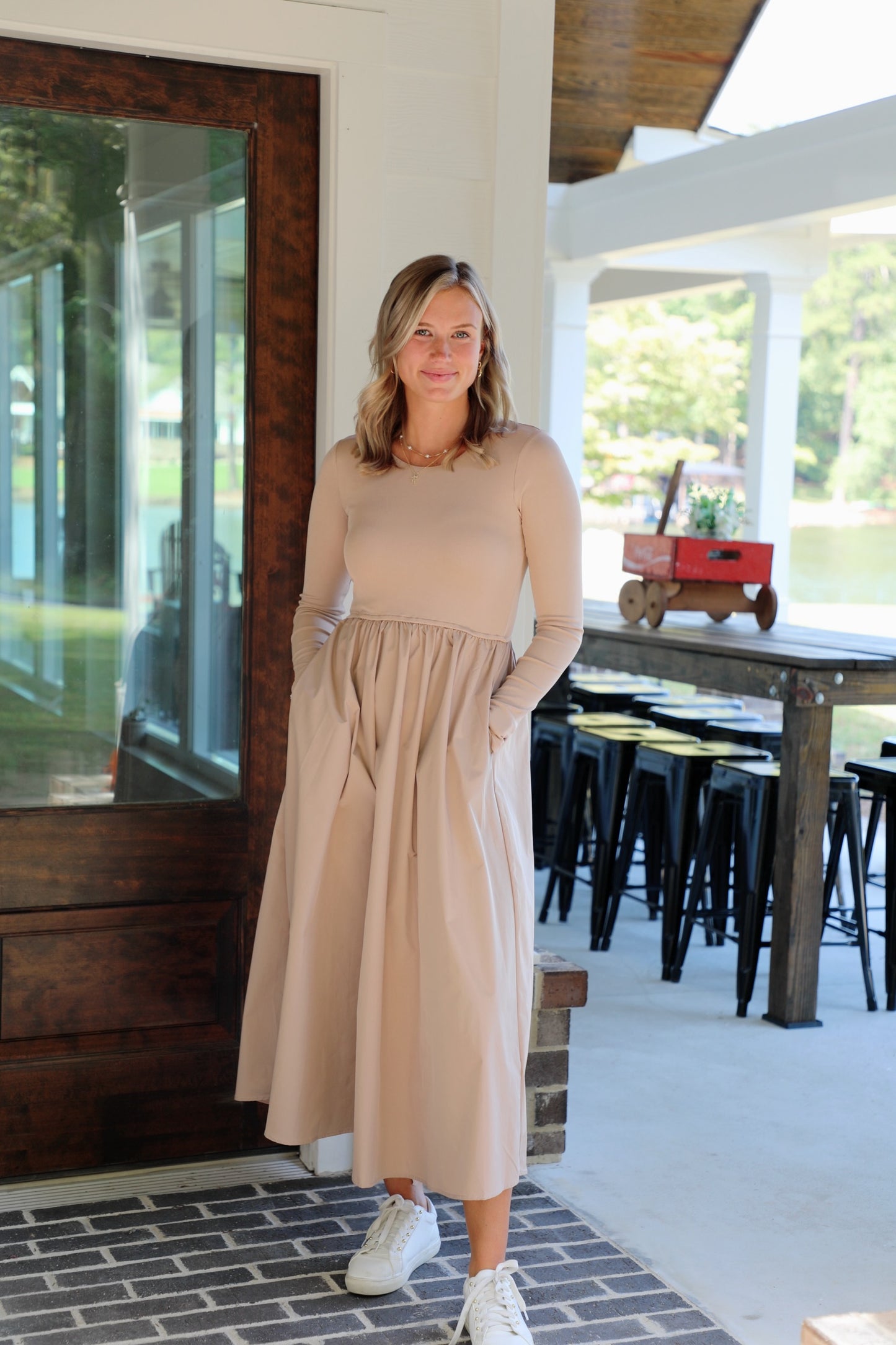 Knit and Satin Long Sleeve Midi Dress