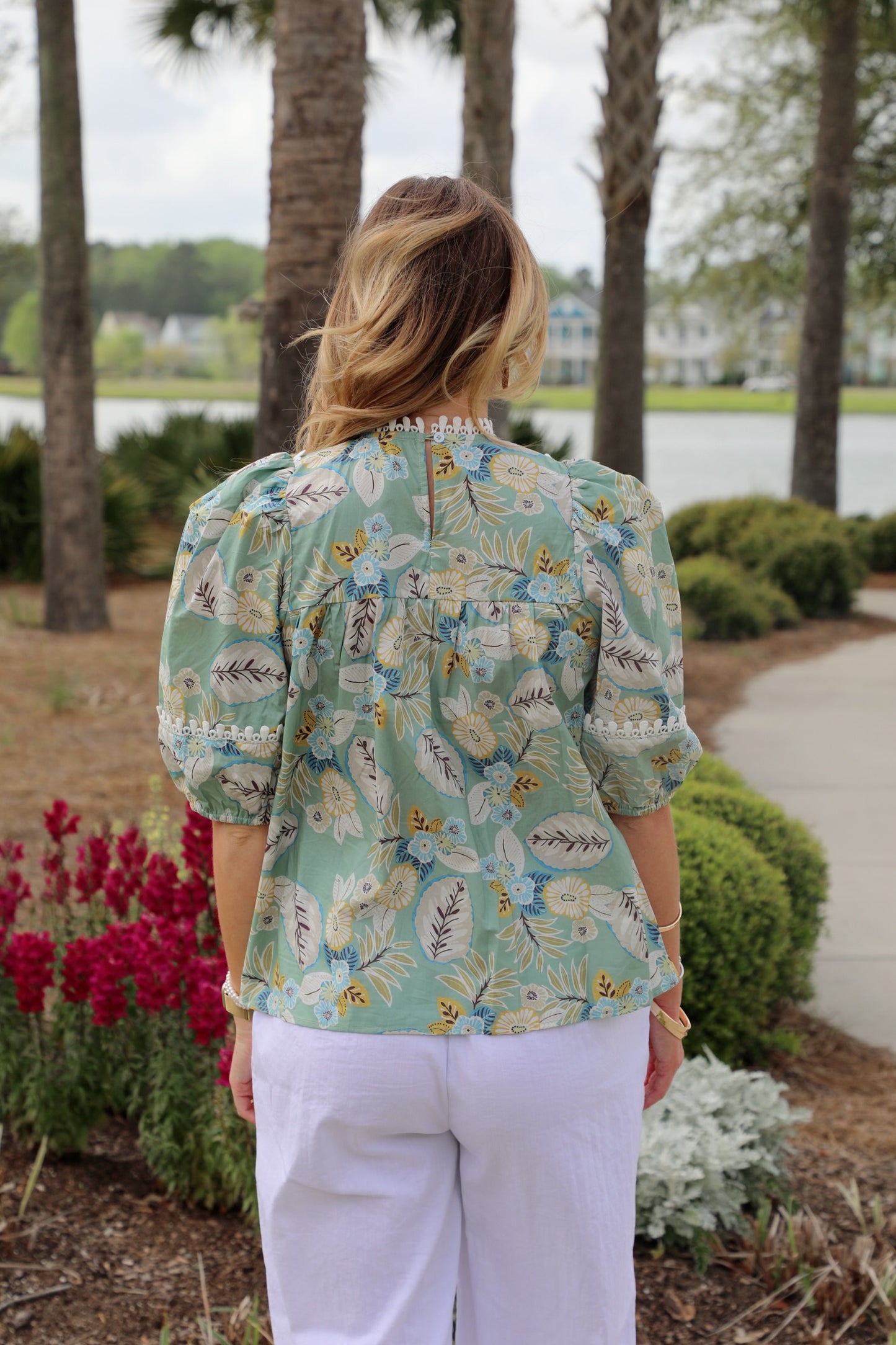 Balloon Sleeve Top with High Round Neck and Trim Details
