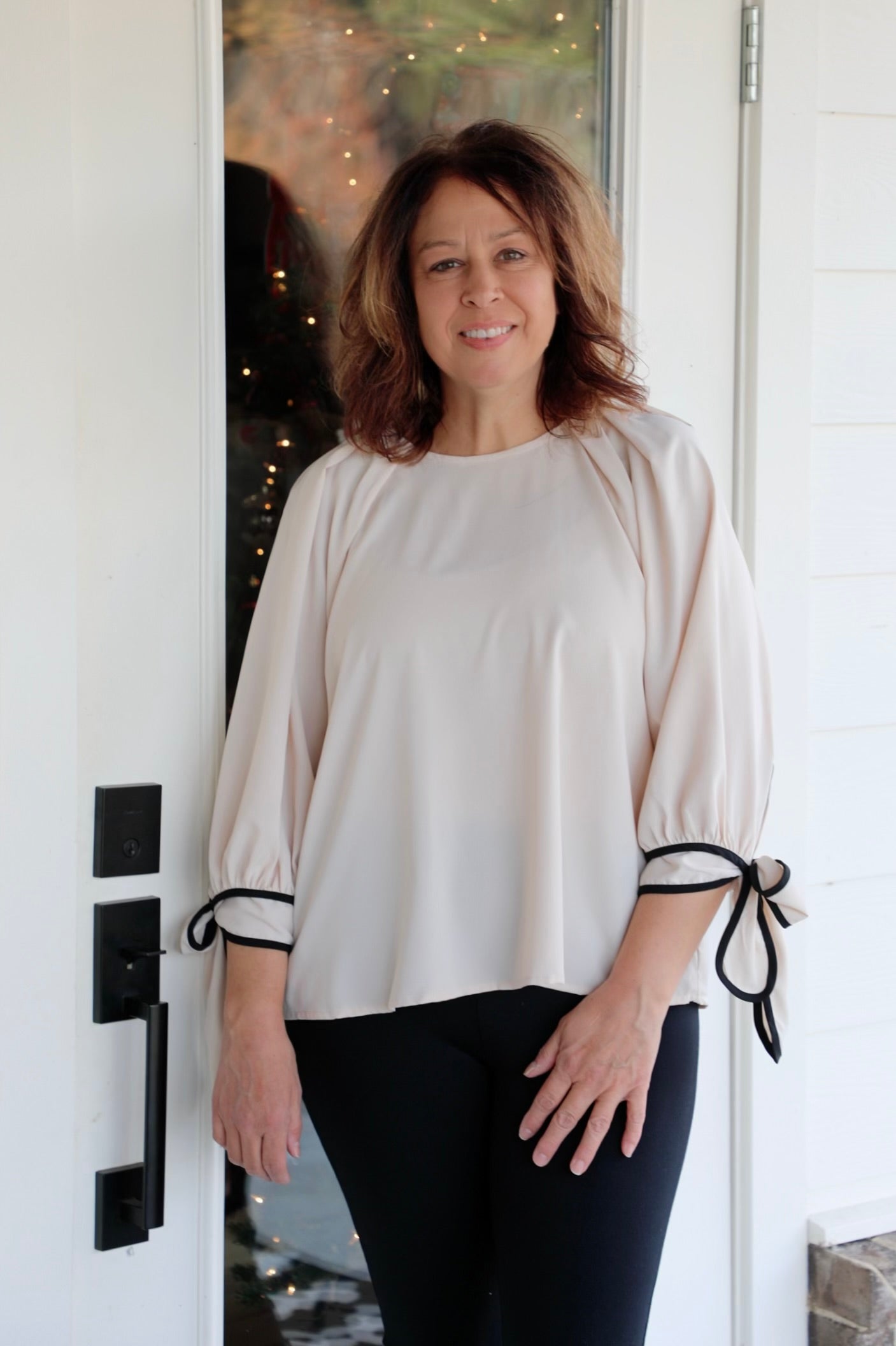 Blouson Top with Puff Sleeves and Ribbon Tie Cuffs