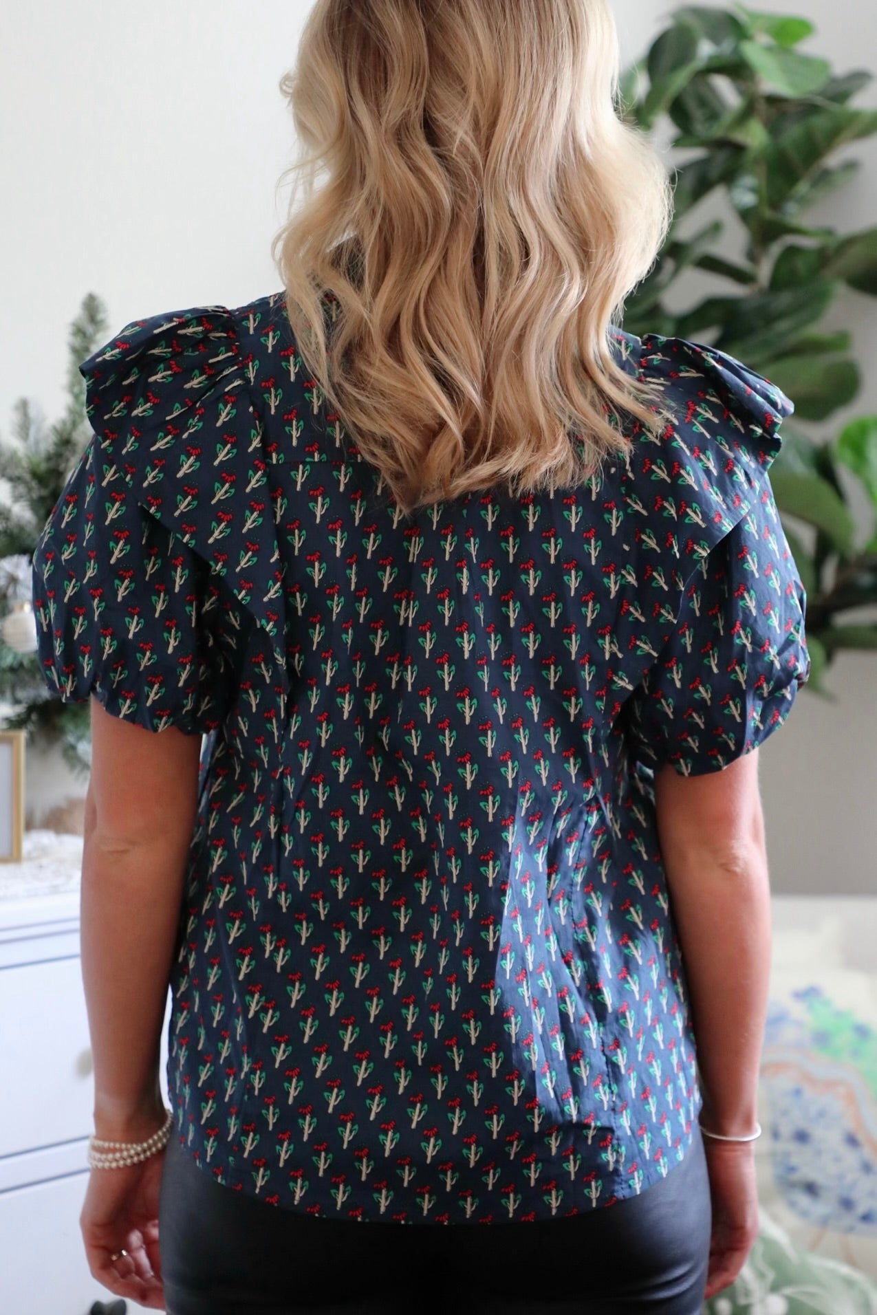 Button Down Floral Detail Blouse with Ruffle Shoulders