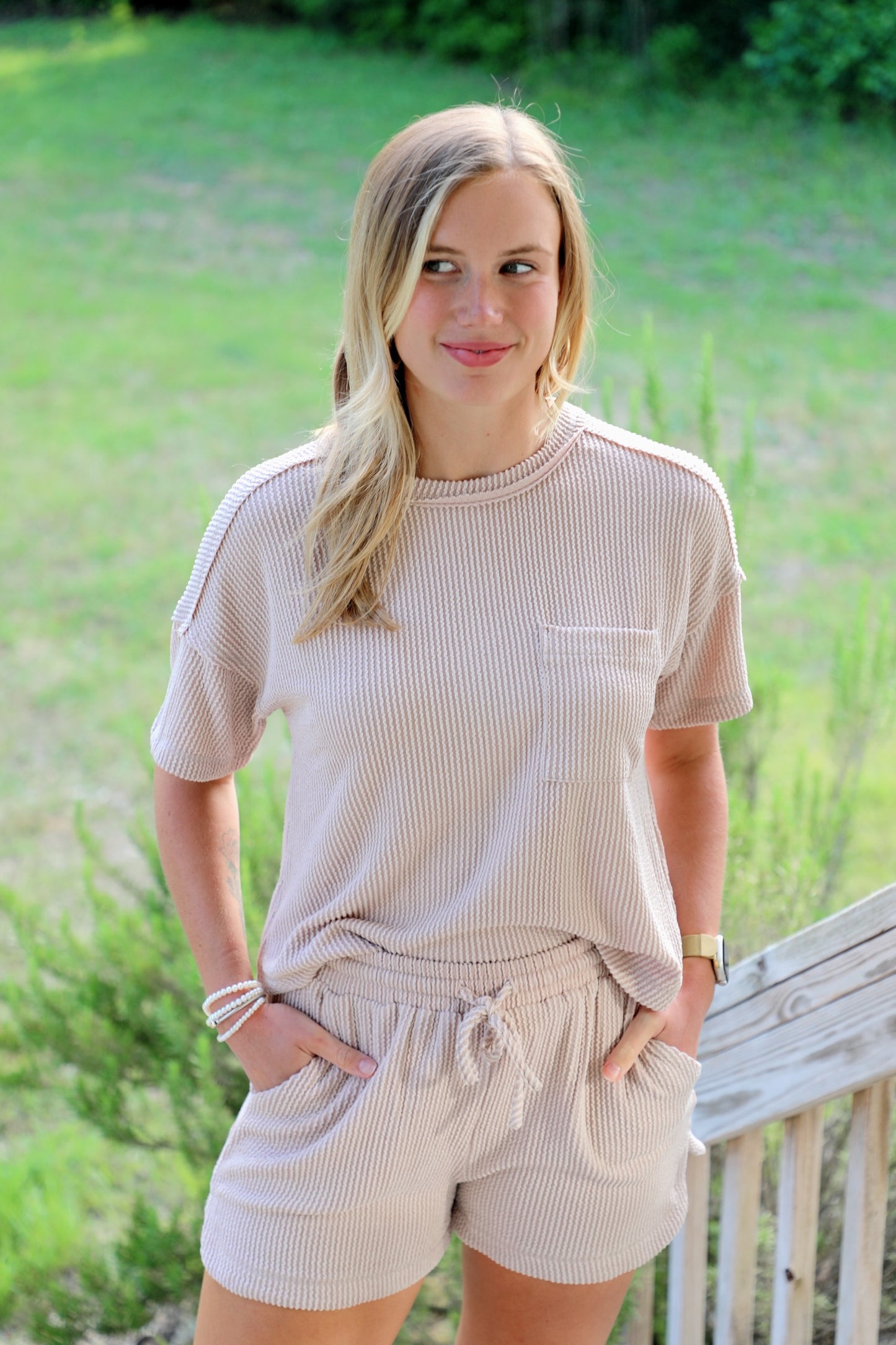 Beige Ribbed Lounge Set