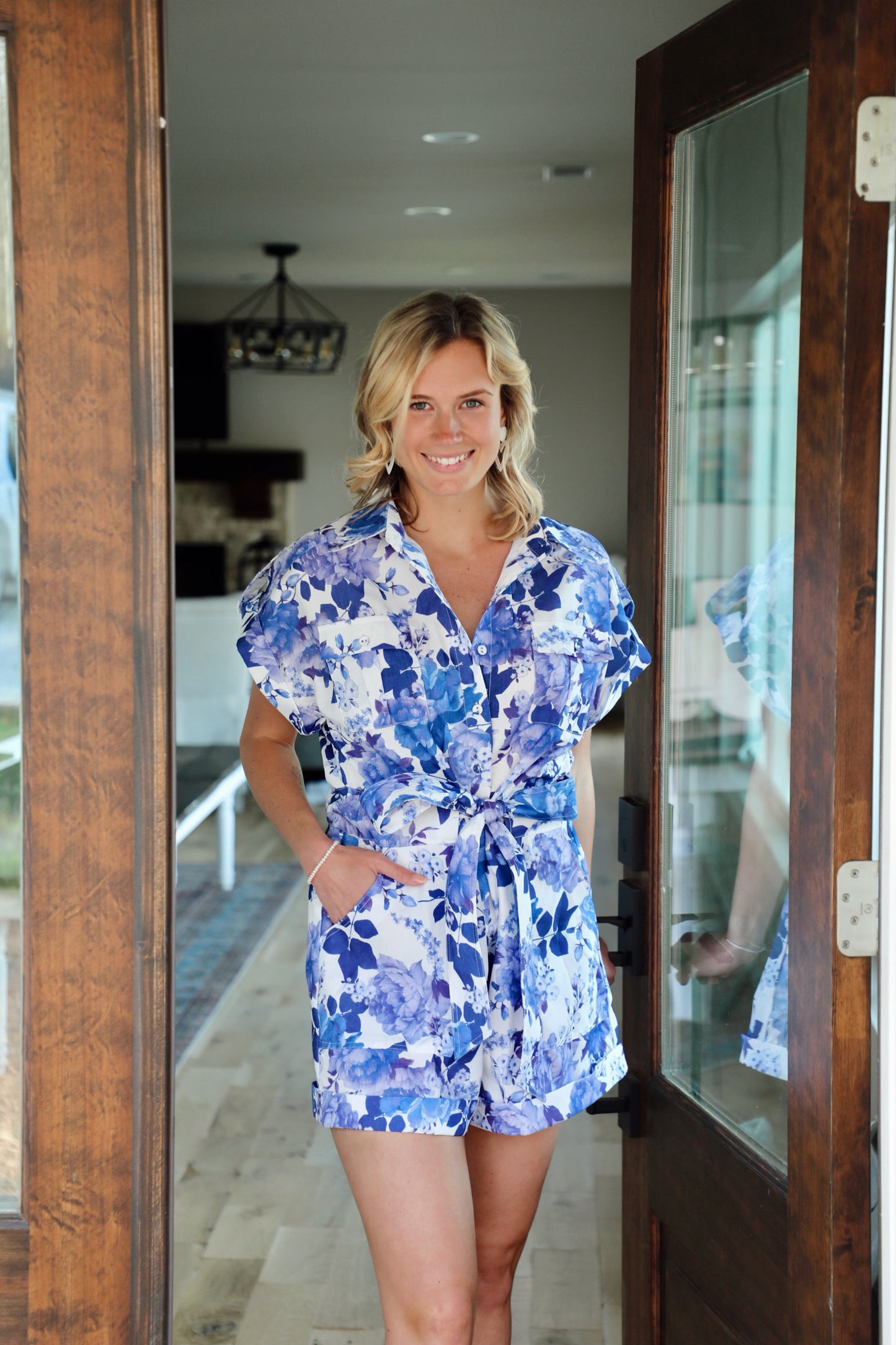 White/Blue Floral Romper With Waist Tie