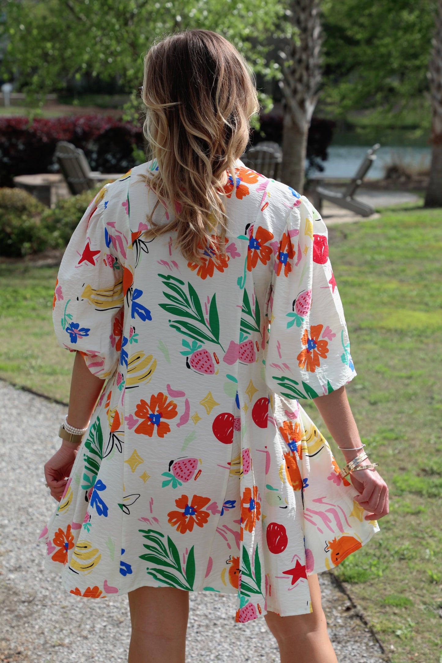 Printed V-Neck 3/4 Sleeve Shirt Dress with Flared Skirt