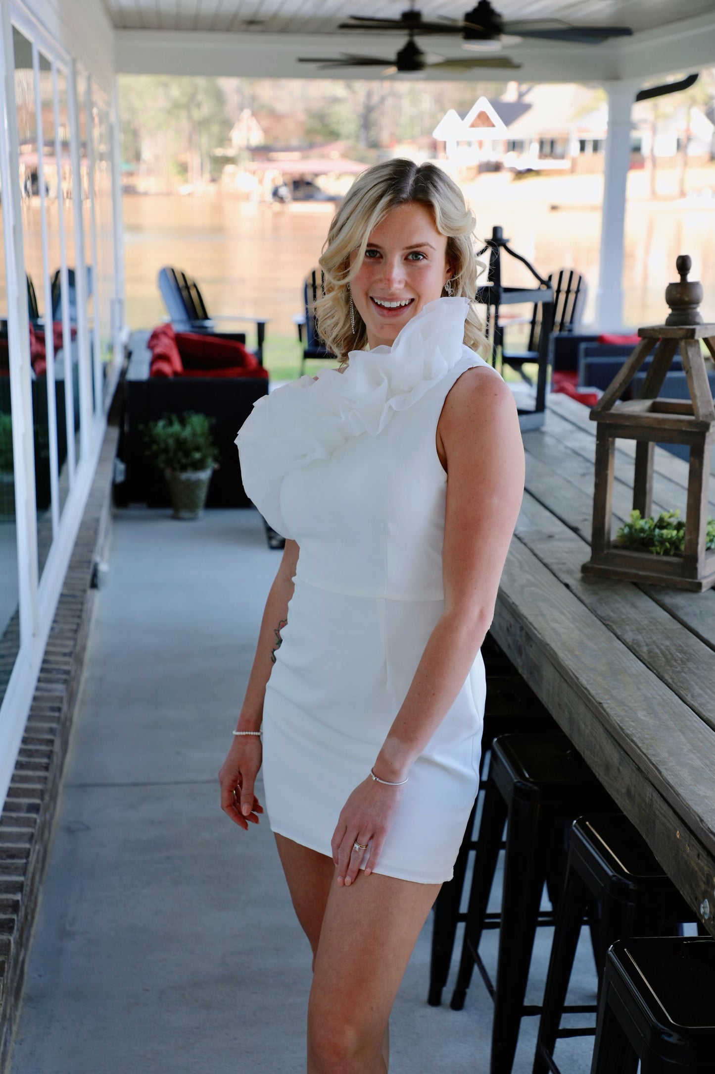 One Shoulder Ruffled Neckline Mini Dress