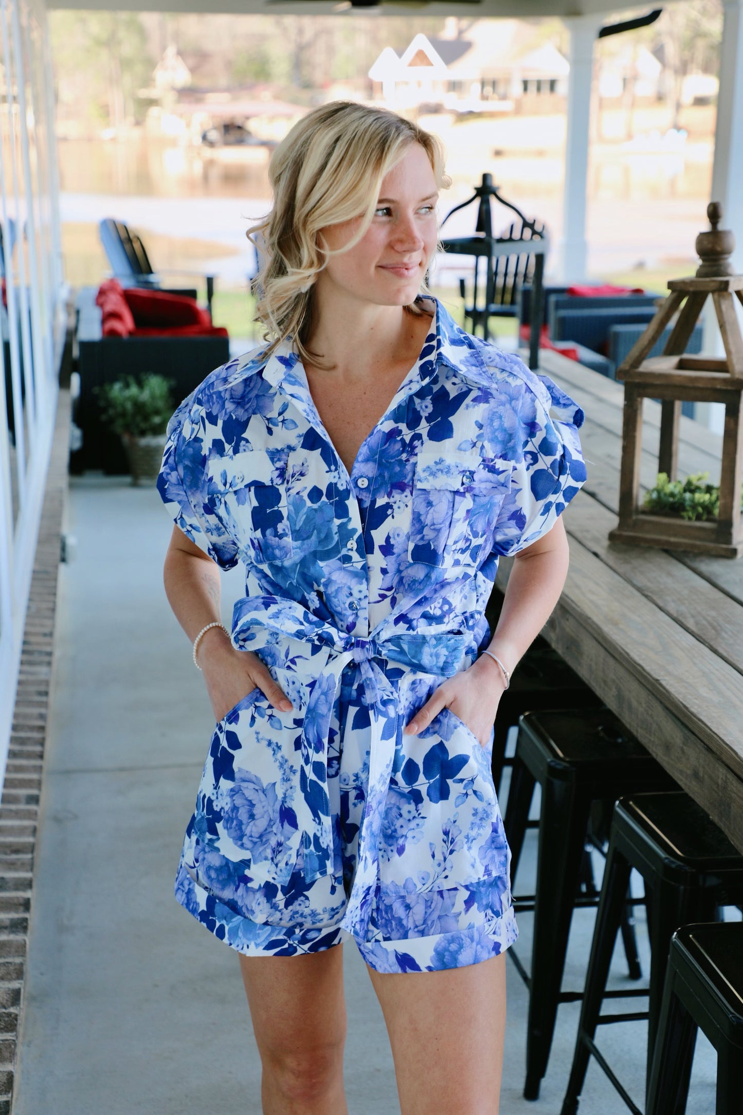 White/Blue Floral Romper With Waist Tie