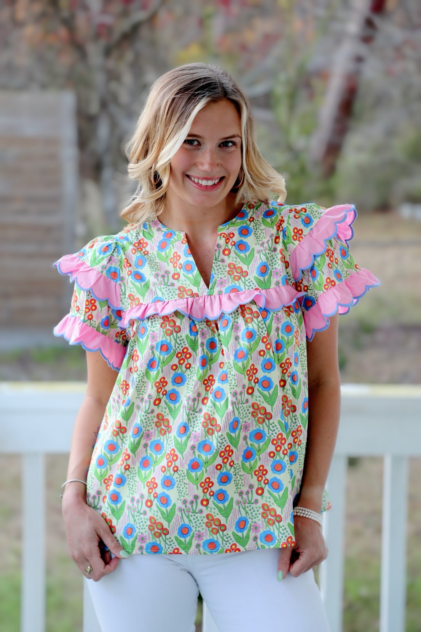 Floral Print V-neck Double Layer Ruffle Short Sleeve Pullover Top Featuring Scallop Trim