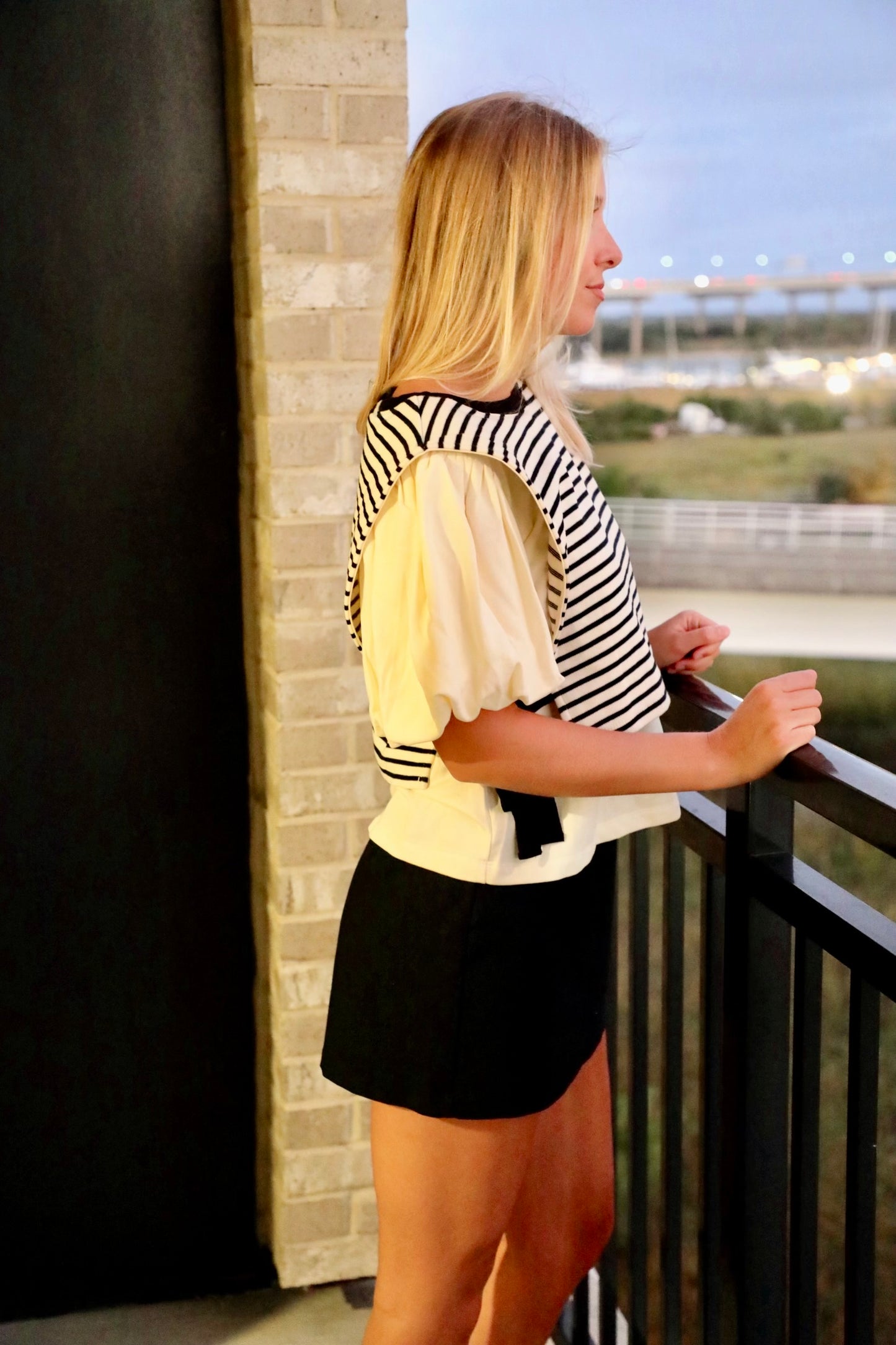 Black And Cream Striped Twofer Knit Top