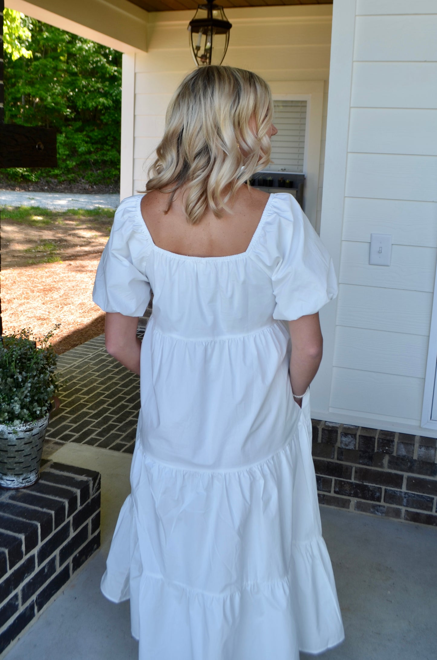 Light Poplin Puff Sleeve White Tiered Dress