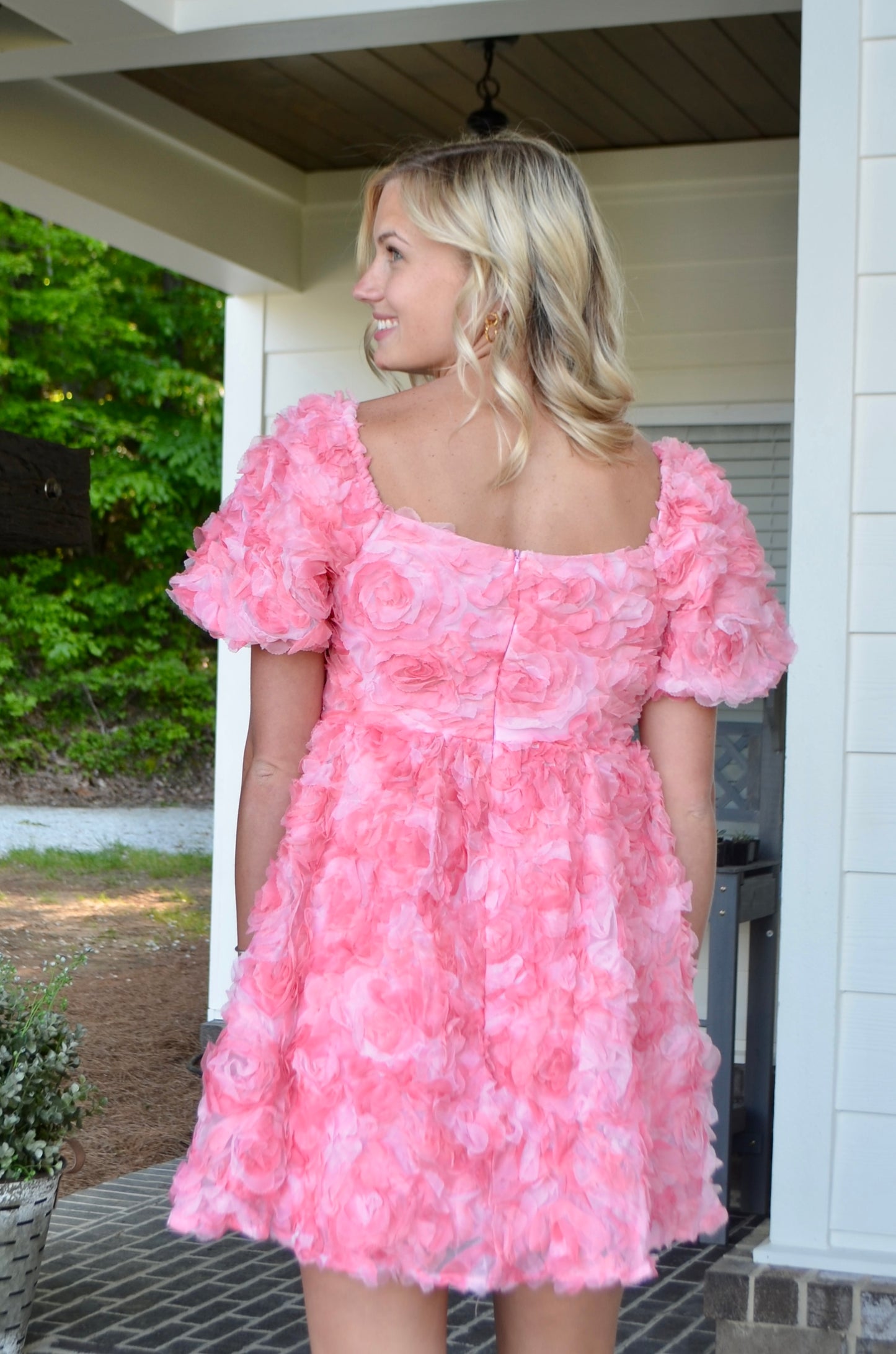 Pink Rose Puff Sleeve Mini Dress