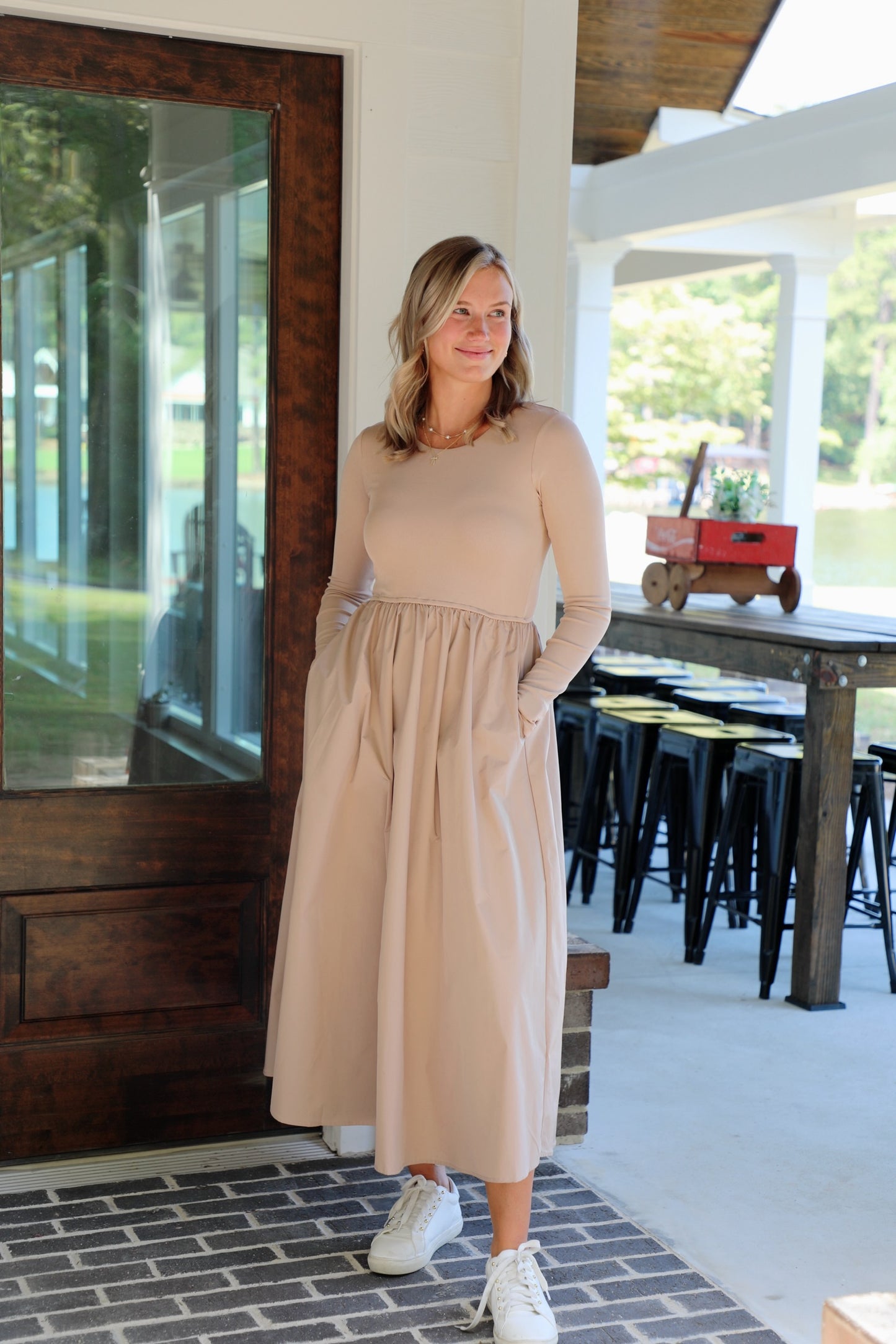 Knit and Satin Long Sleeve Midi Dress