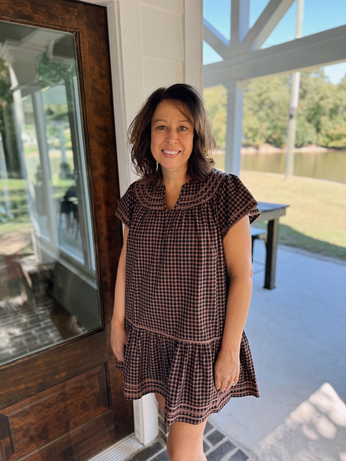 Trimmed Round V Neck Gingham Mini Dress