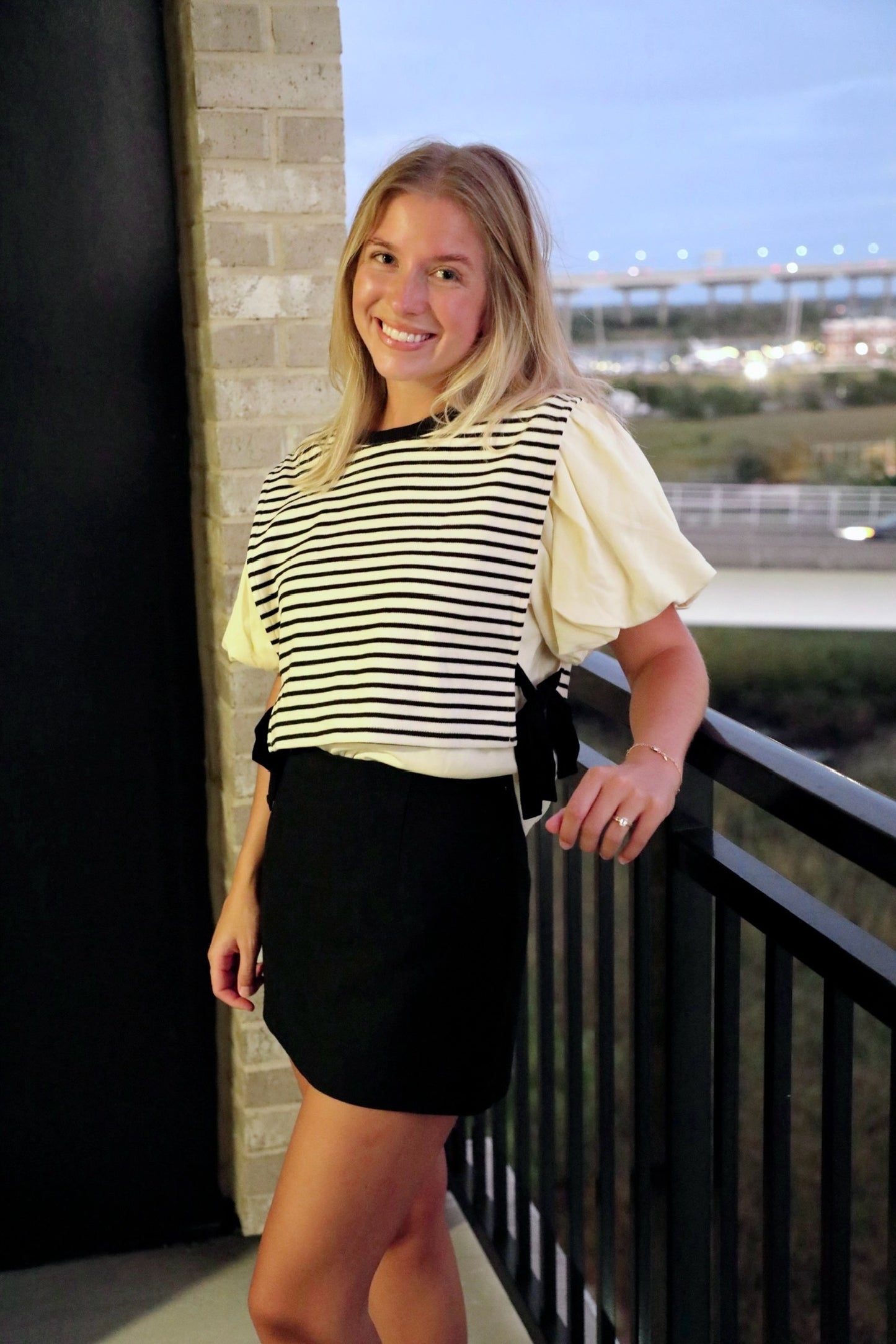 Black And Cream Striped Twofer Knit Top