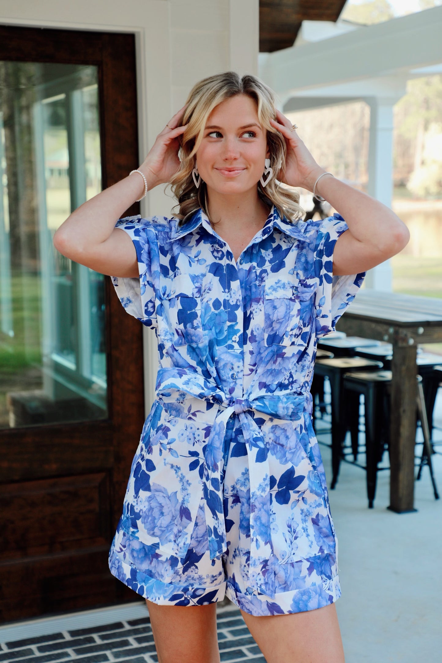 White/Blue Floral Romper With Waist Tie
