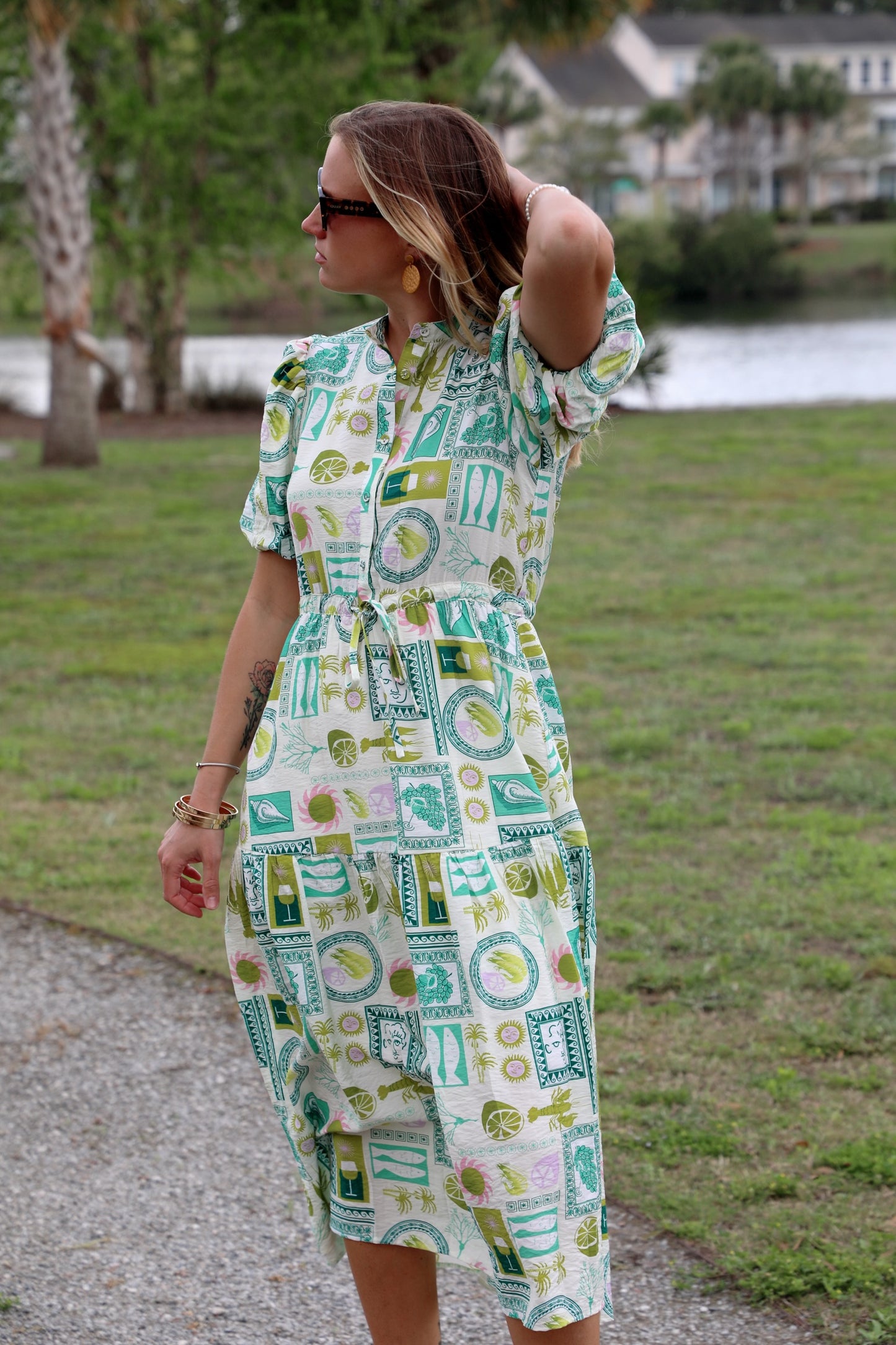 Printed Short Puff Sleeve Midi Dress with a Waist Tie