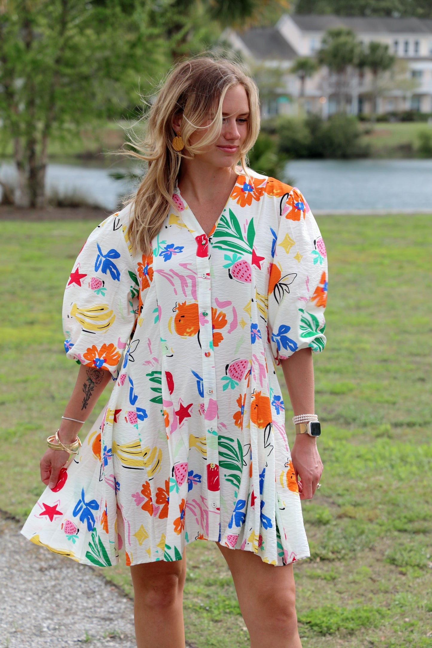 Printed V-Neck 3/4 Sleeve Shirt Dress with Flared Skirt