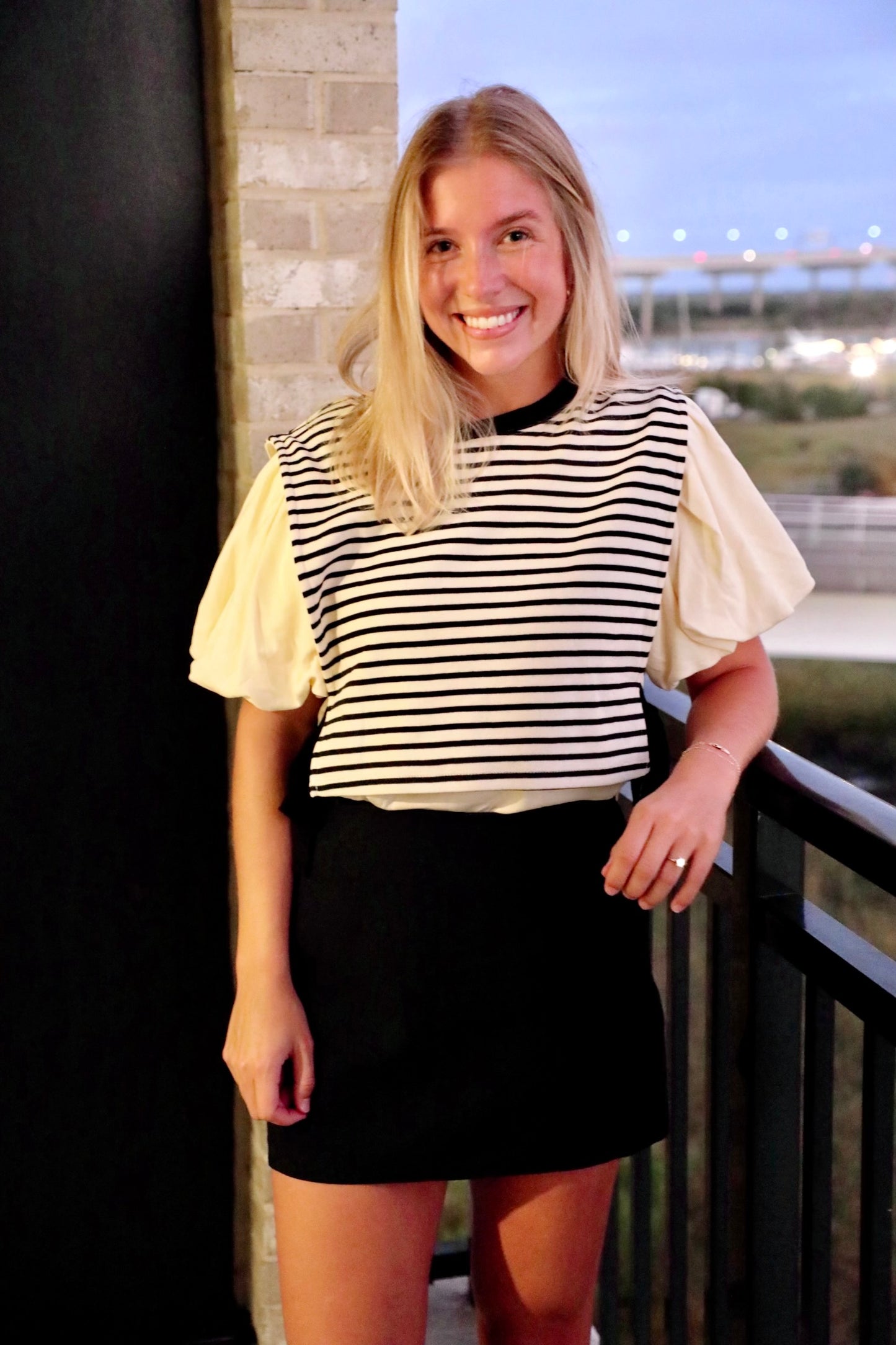 Black And Cream Striped Twofer Knit Top