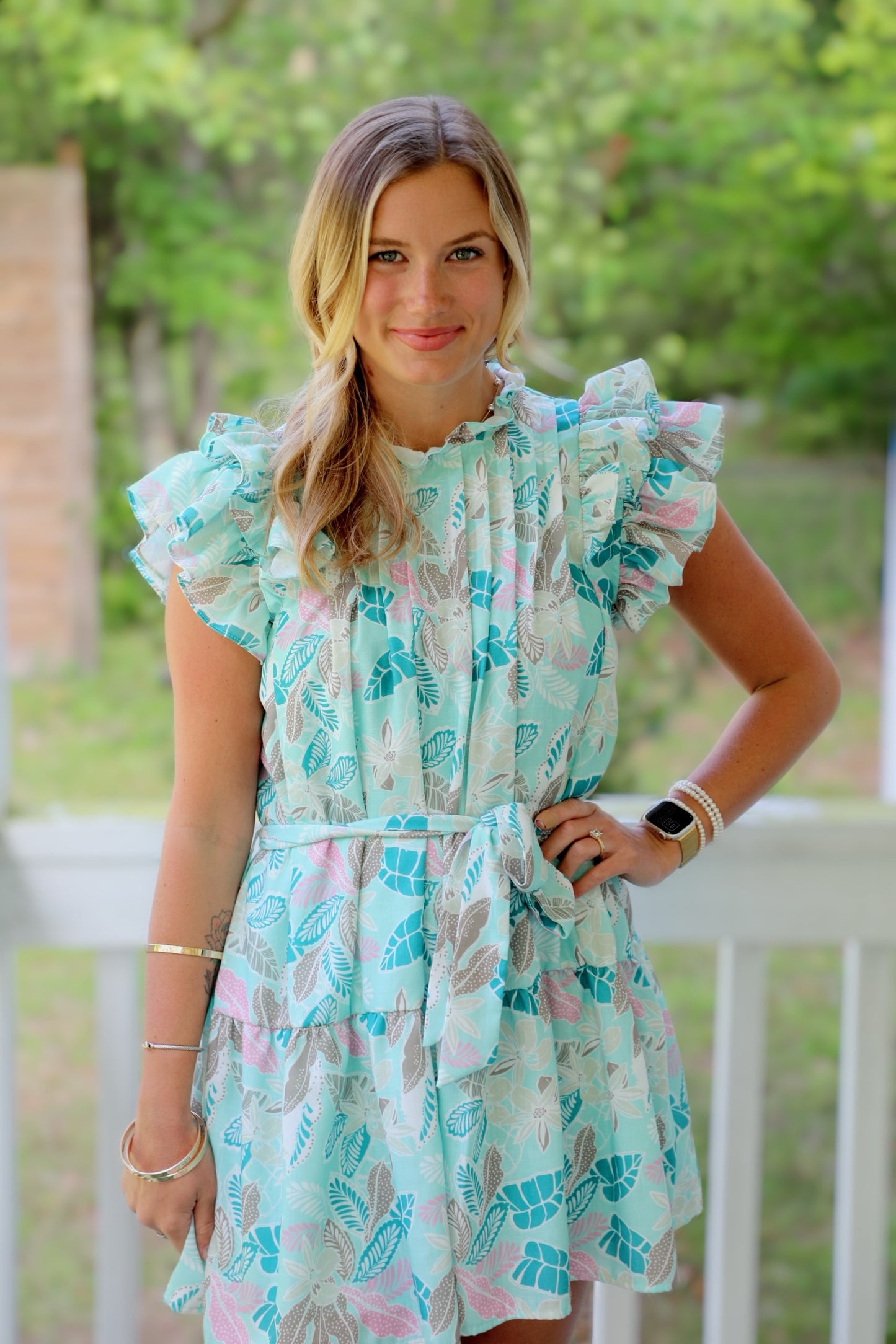 Flutter Sleeve Mini Dress with Waist Tie