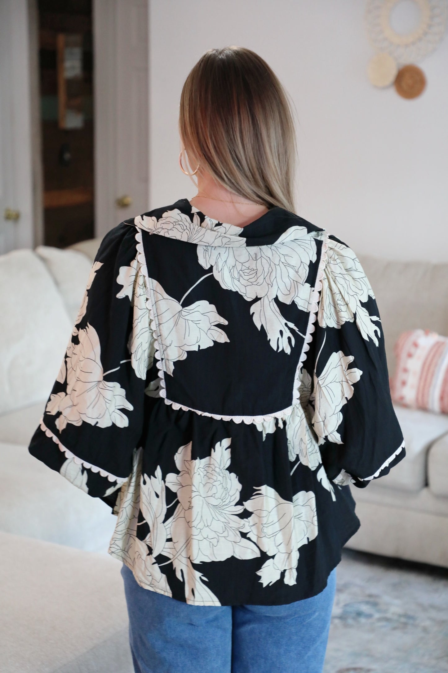Black Floral Print V Neck Top