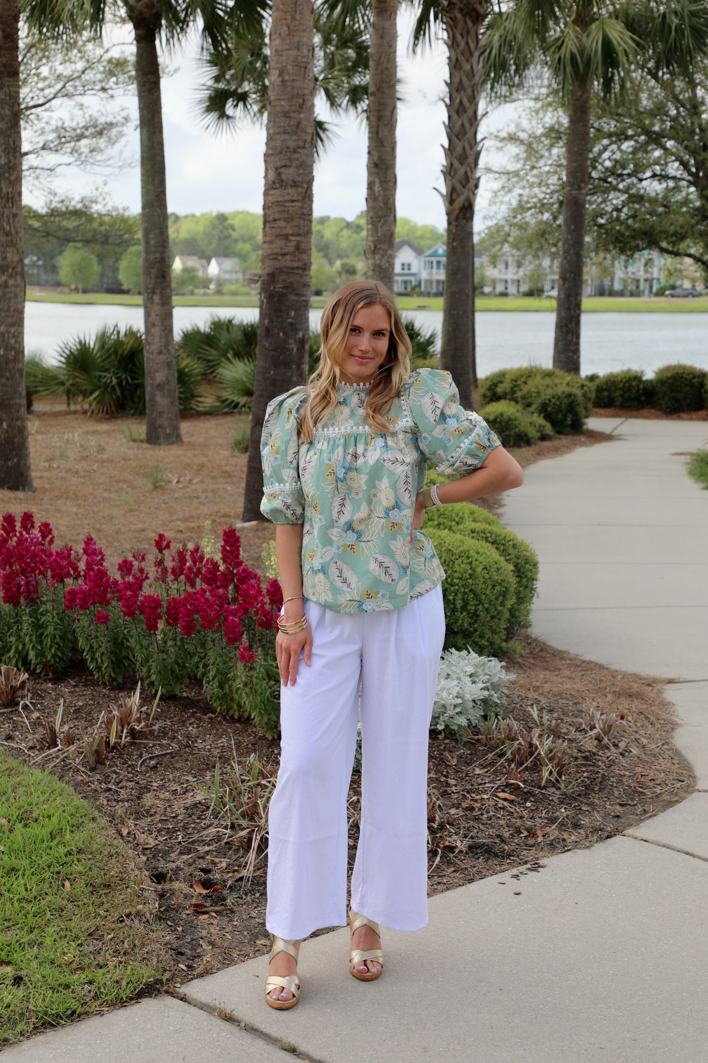 Balloon Sleeve Top with High Round Neck and Trim Details