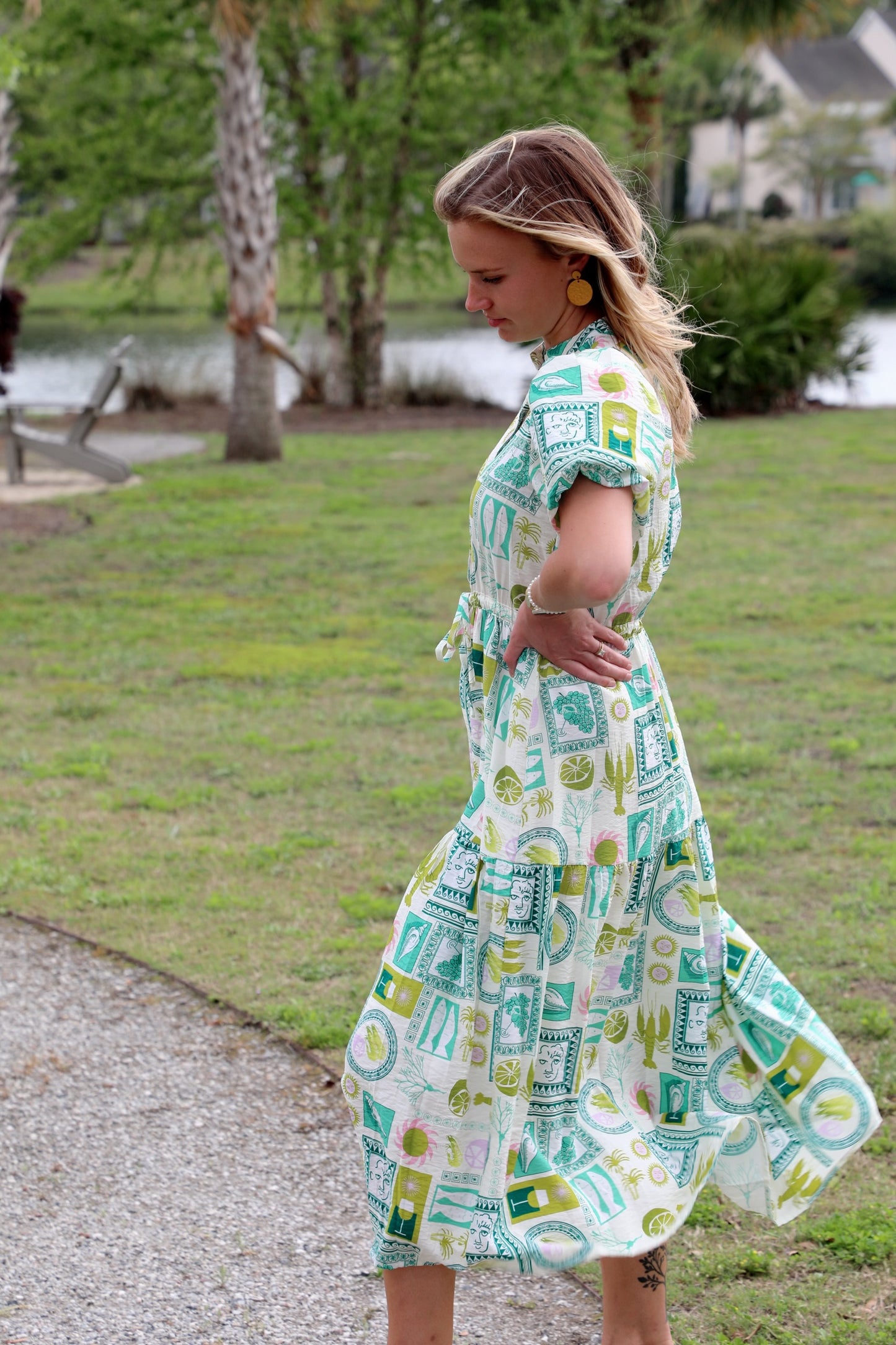 Printed Short Puff Sleeve Midi Dress with a Waist Tie