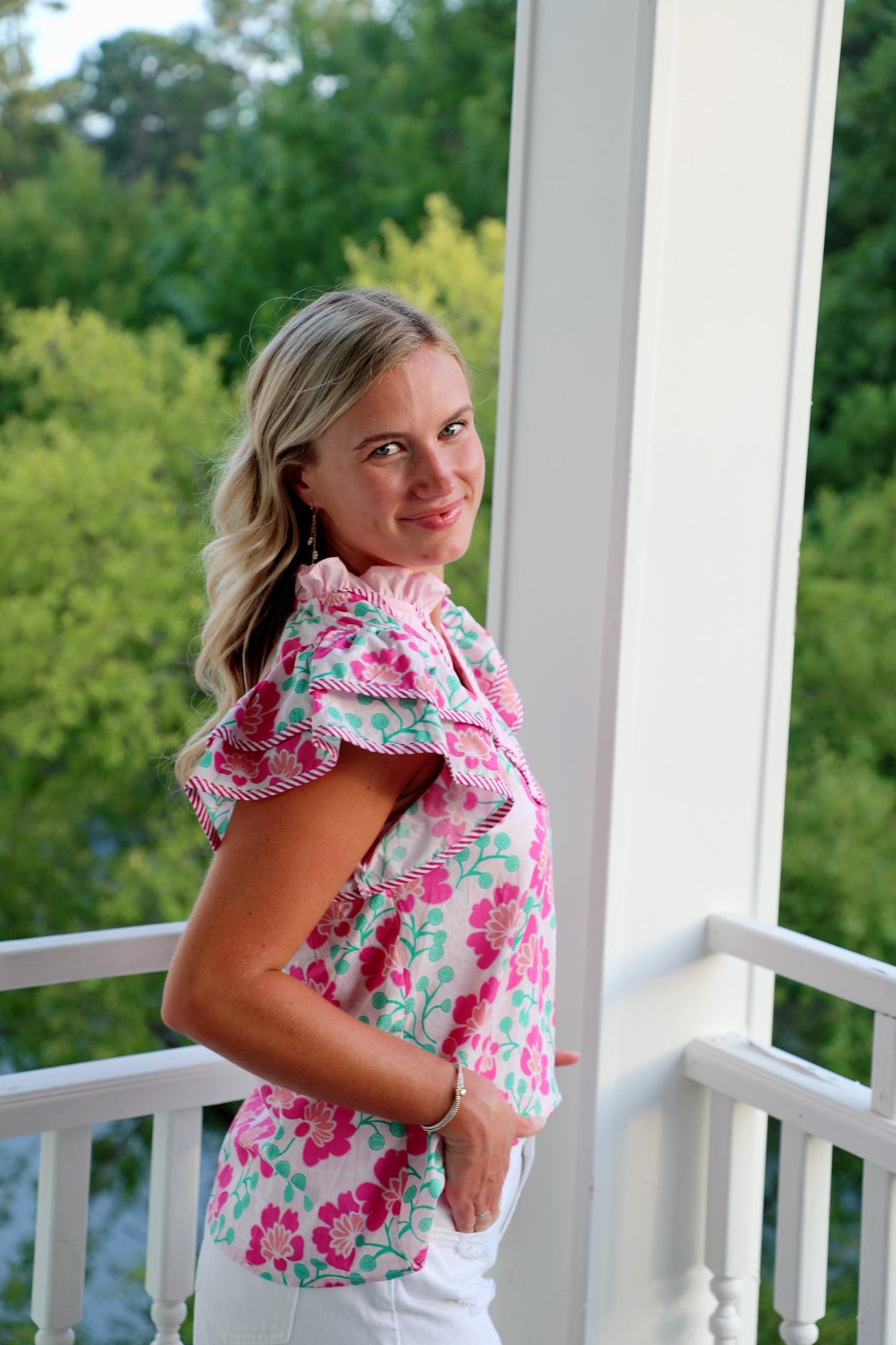 Pink Flutter Sleeve Floral Blouse with Chevron Ribbon Trim