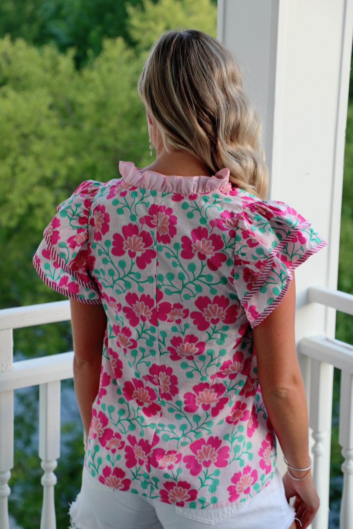 Pink Flutter Sleeve Floral Blouse with Chevron Ribbon Trim