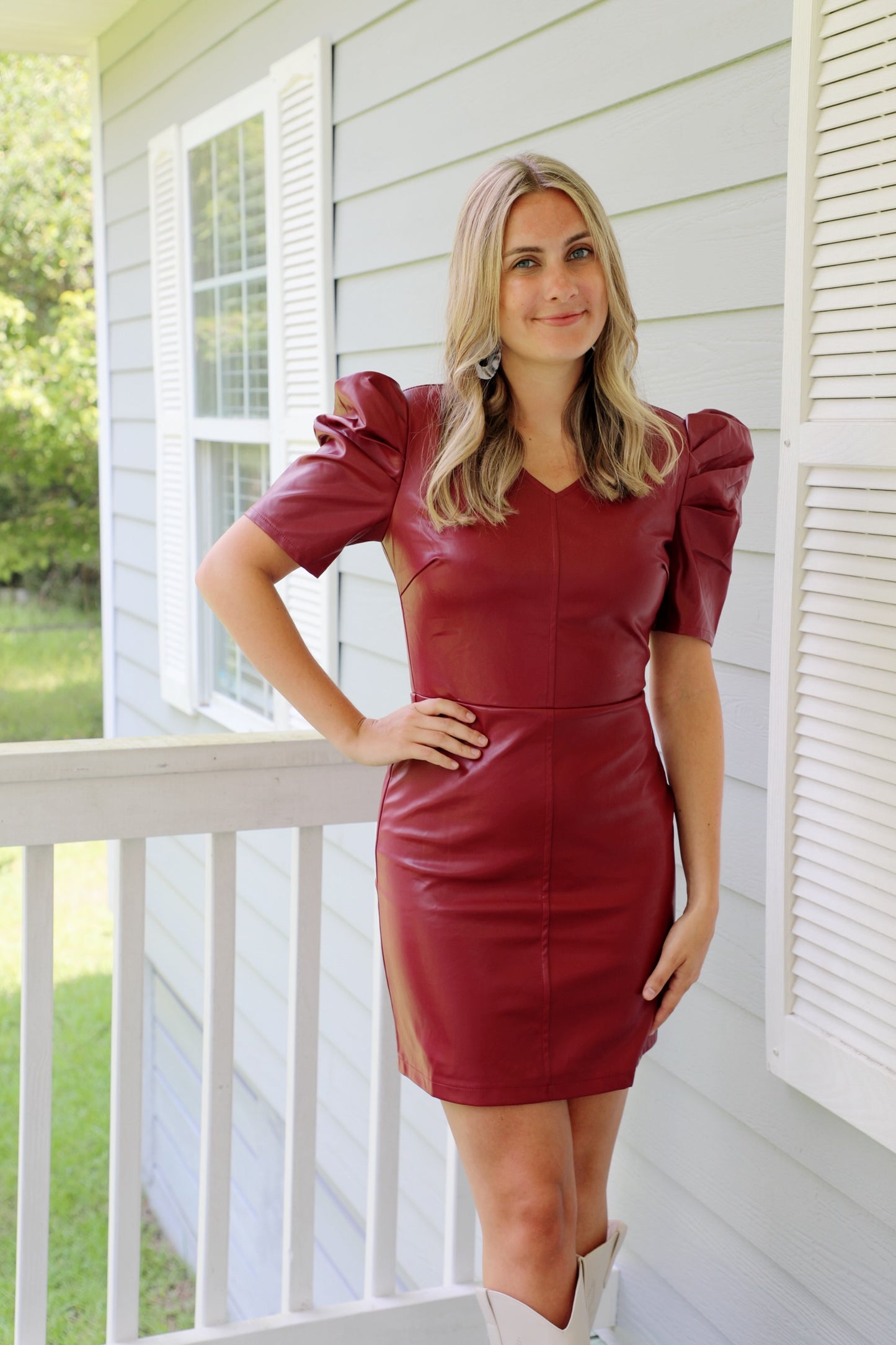 Half Sleeve Puff Shoulder Faux Leather Dress