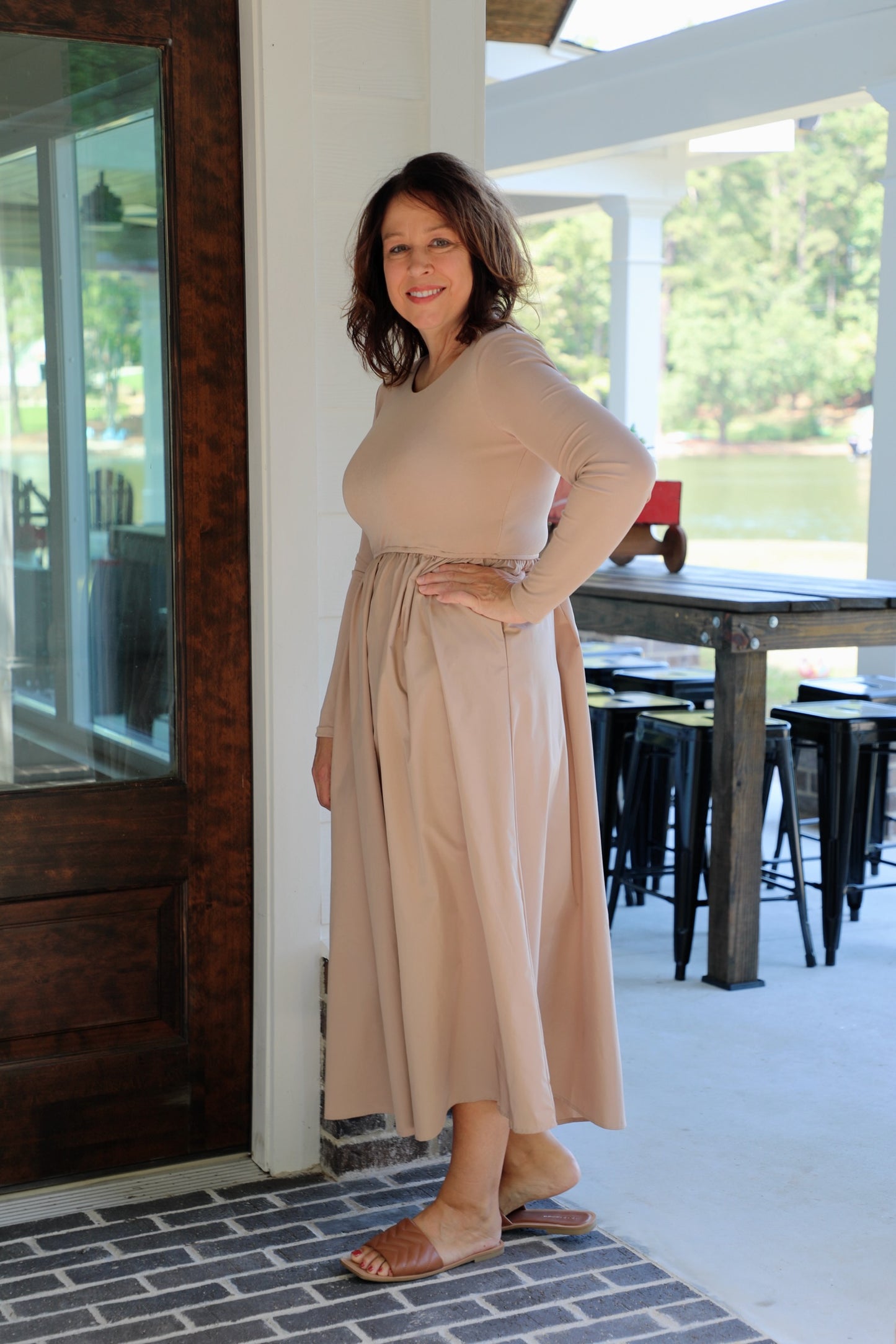 Knit and Satin Long Sleeve Midi Dress