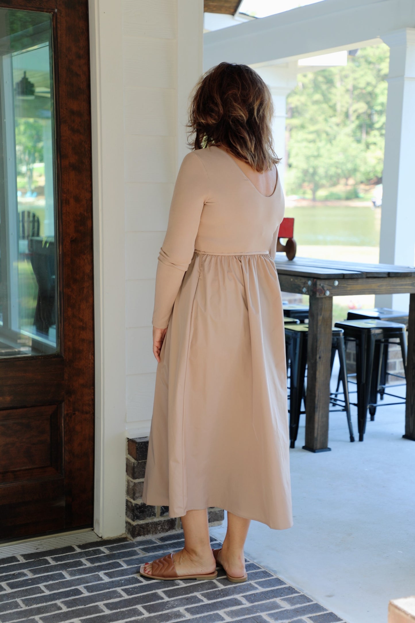 Knit and Satin Long Sleeve Midi Dress