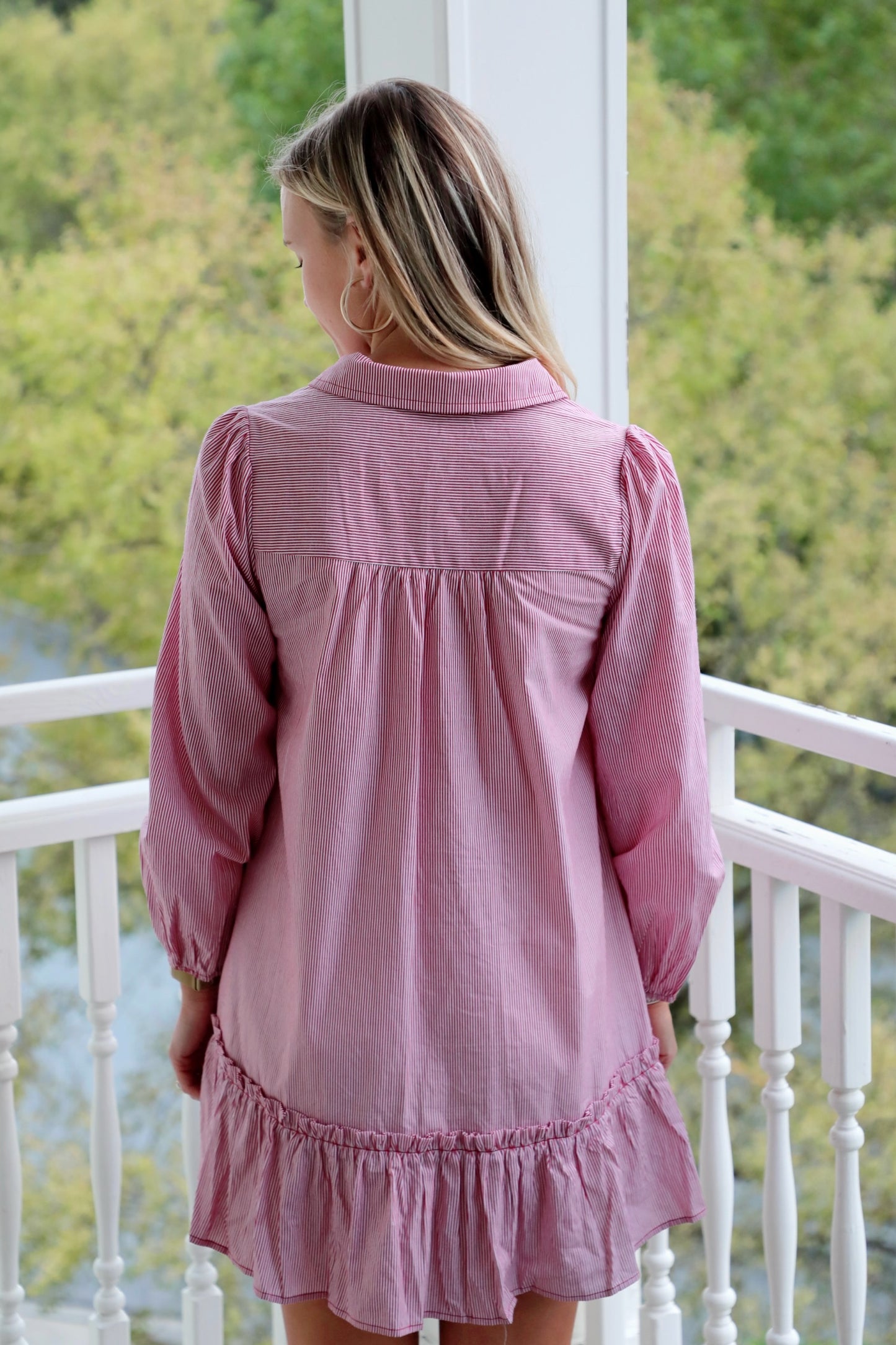 Pinstripe Button Up Ruffle Dress
