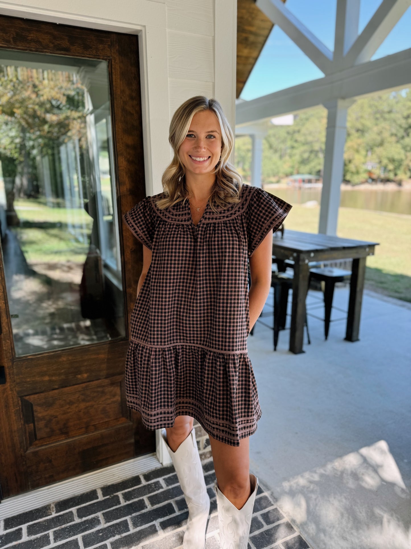Trimmed Round V Neck Gingham Mini Dress