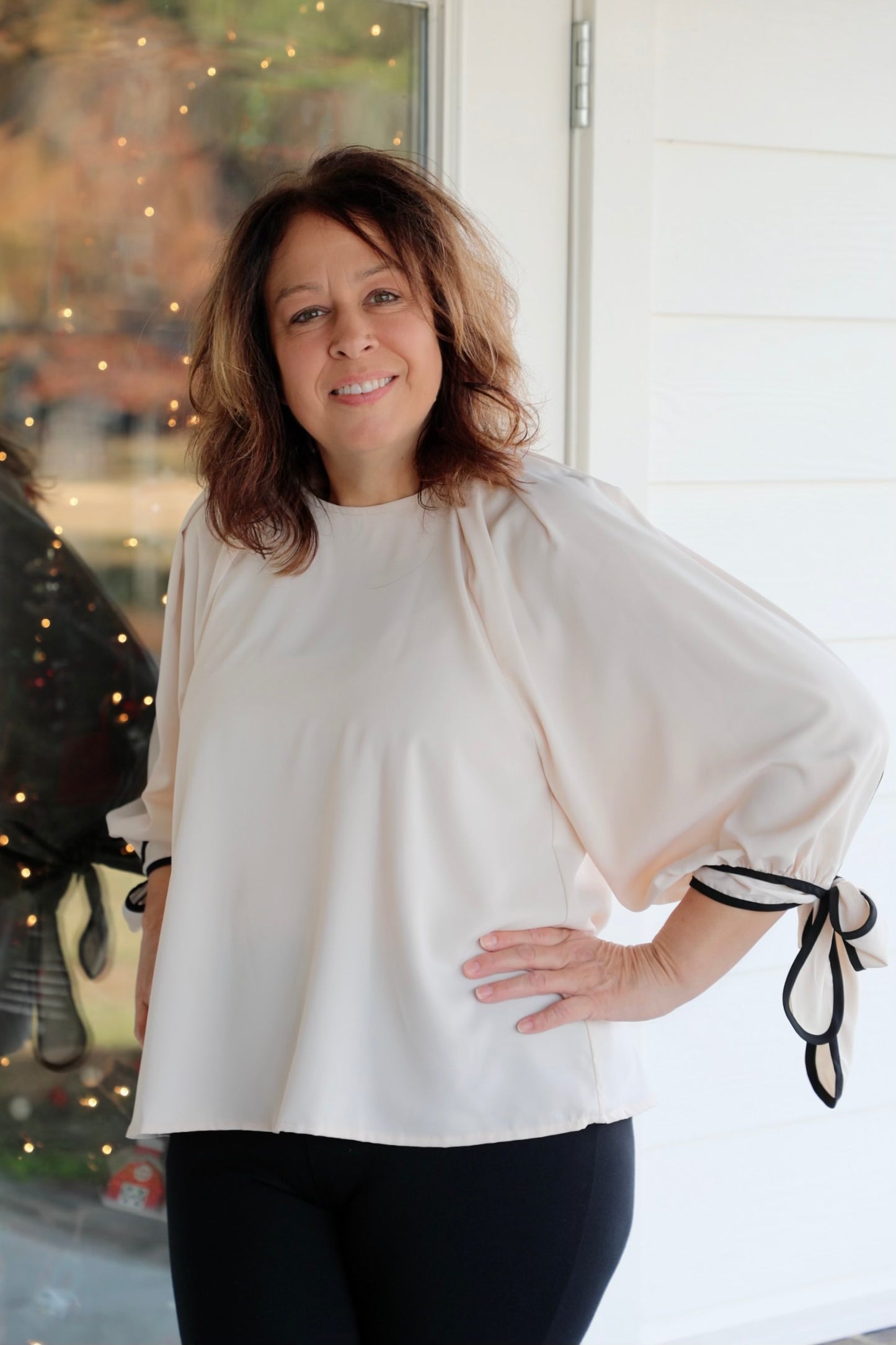 Blouson Top with Puff Sleeves and Ribbon Tie Cuffs
