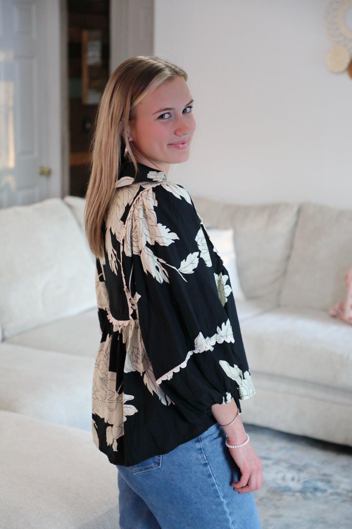 Black Floral Print V Neck Top