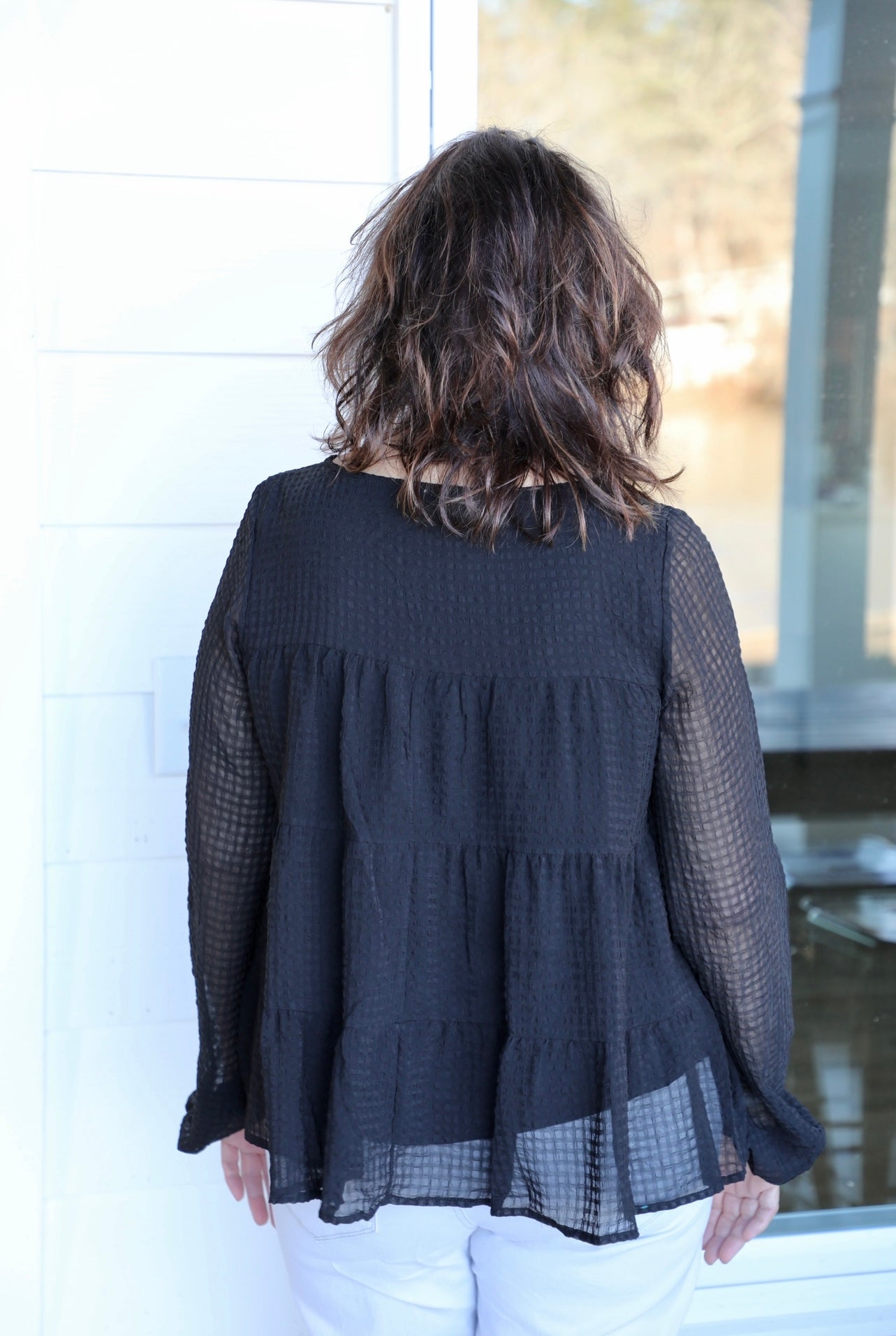 Long Hi-Low Sleeve Textured Tiered Top