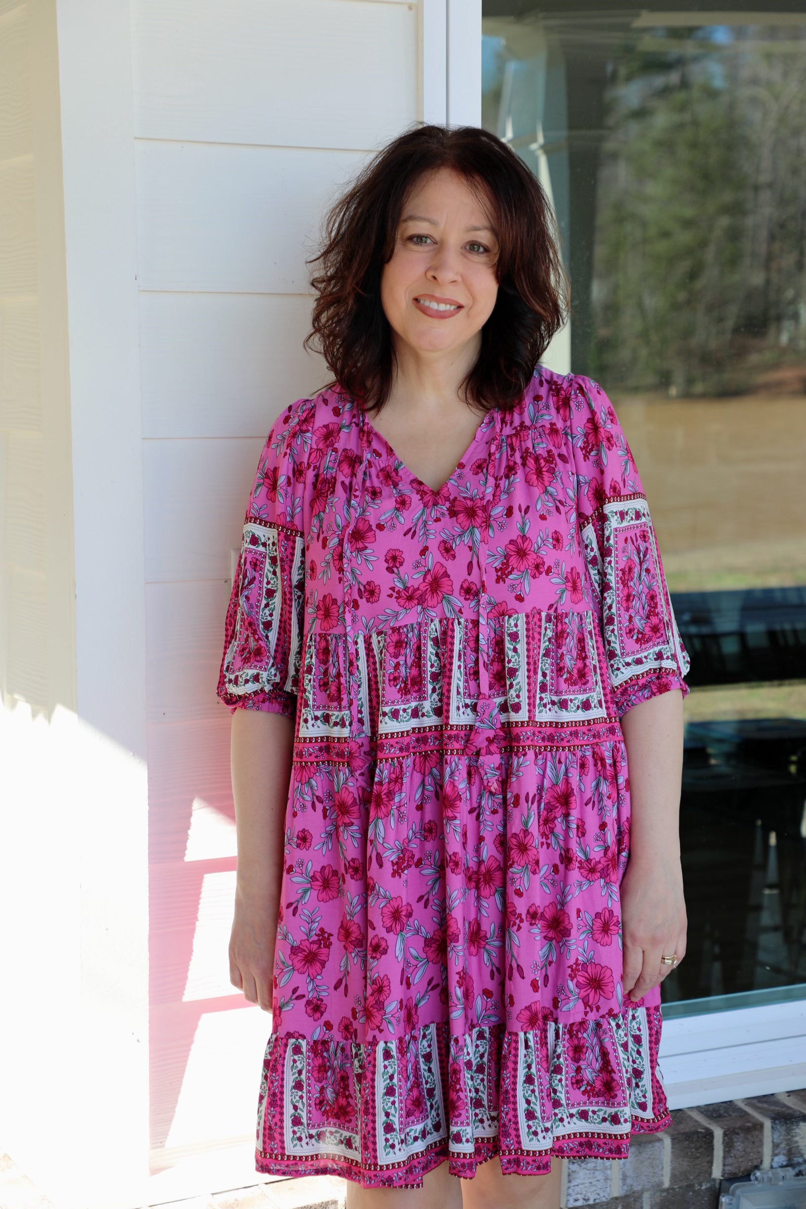 Front Tie Tiered Peasant Dress Medium / Magenta Front Tie Tiered Peasant Dress Medium / Magenta