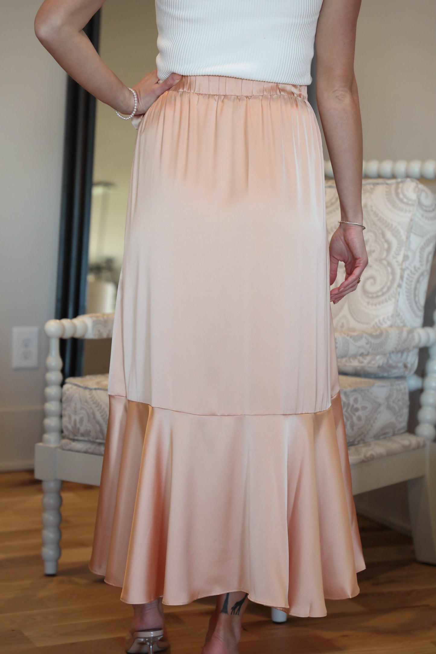 Cascading Ruffle Satin Midi Skirt