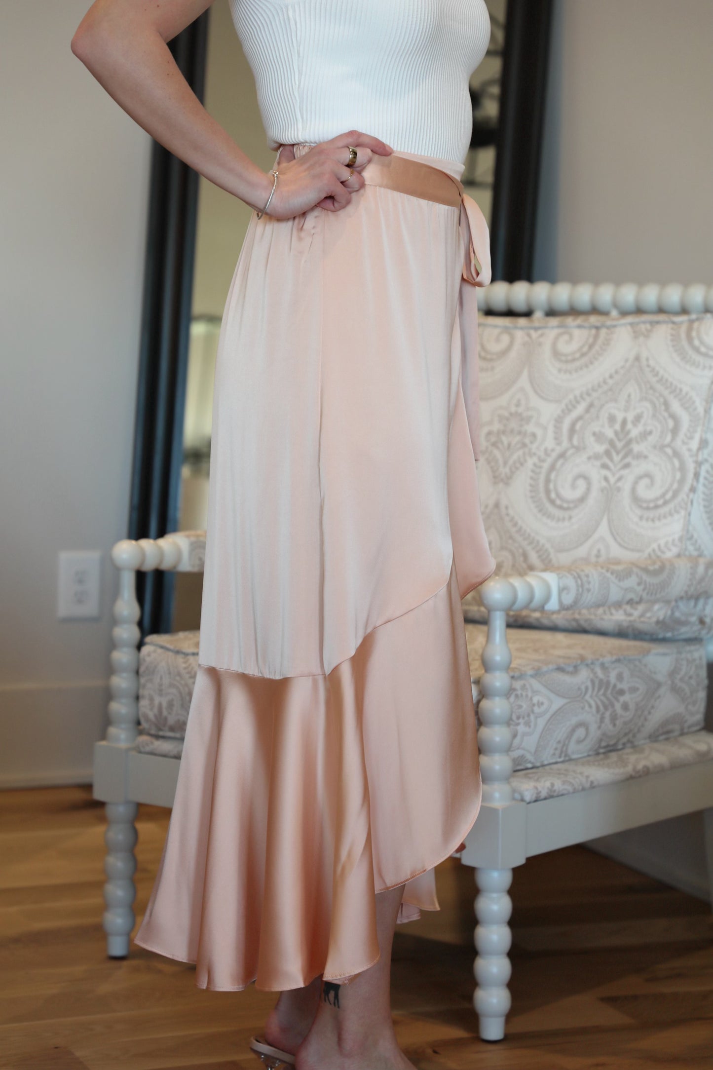 Cascading Ruffle Satin Midi Skirt