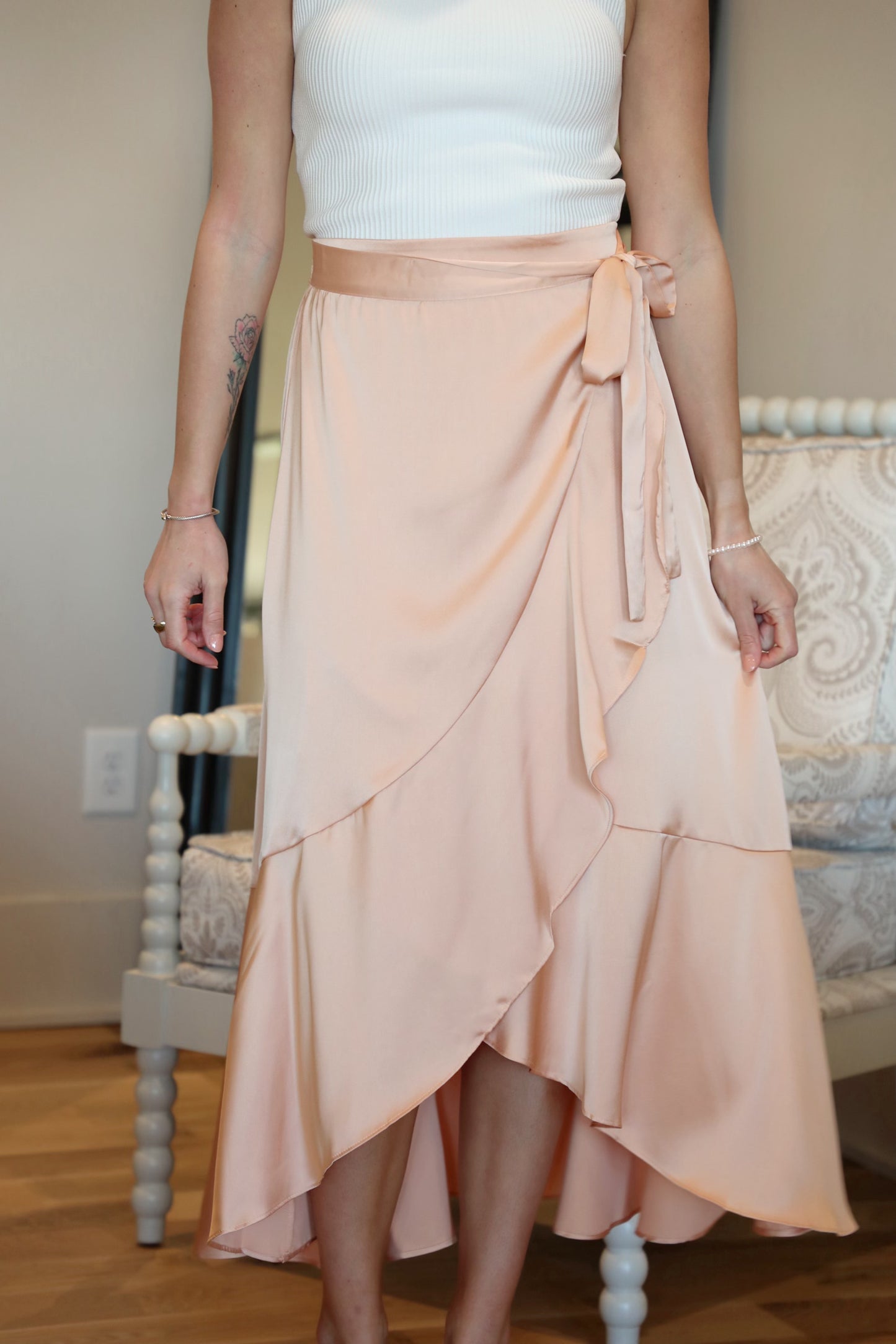 Cascading Ruffle Satin Midi Skirt