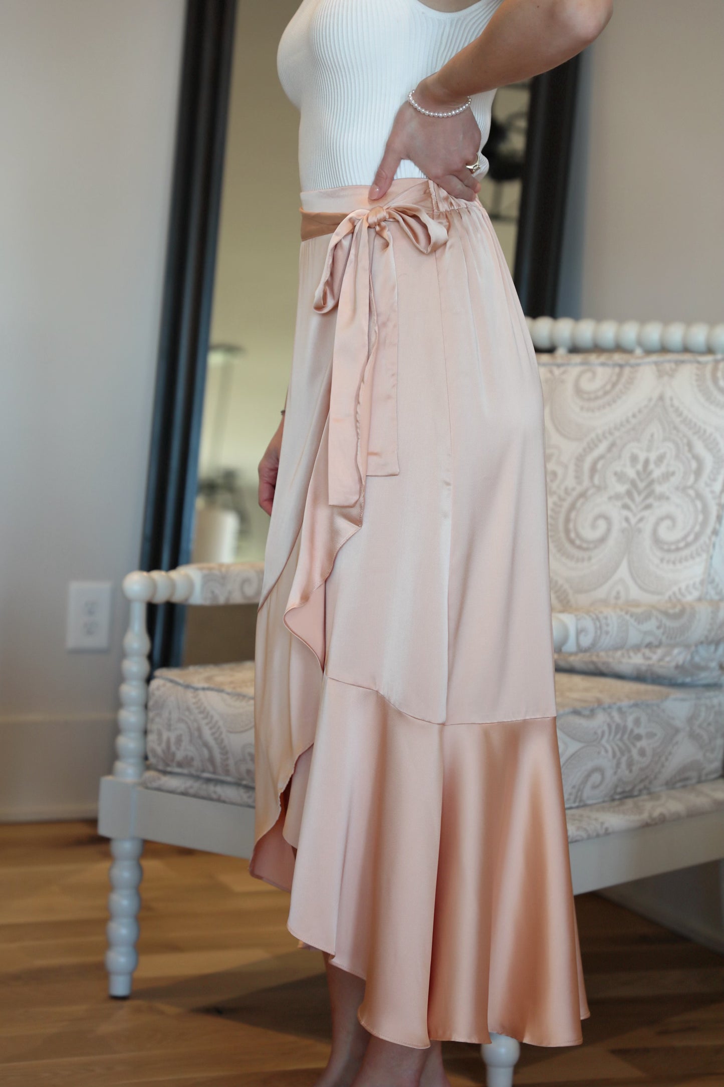 Cascading Ruffle Satin Midi Skirt