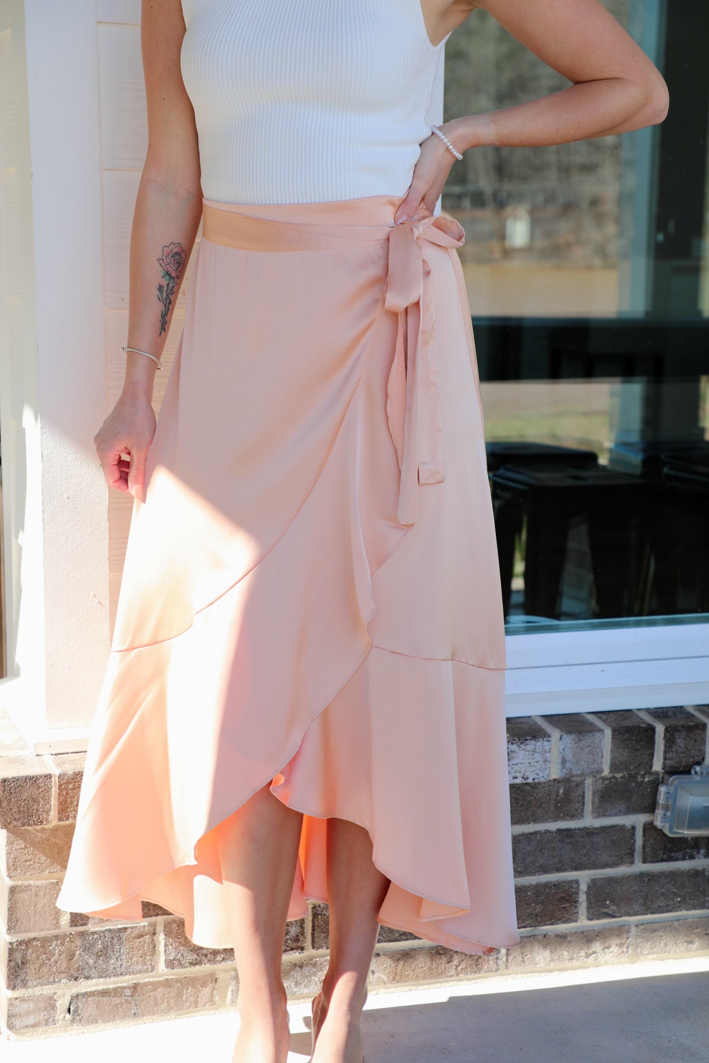 Cascading Ruffle Satin Midi Skirt