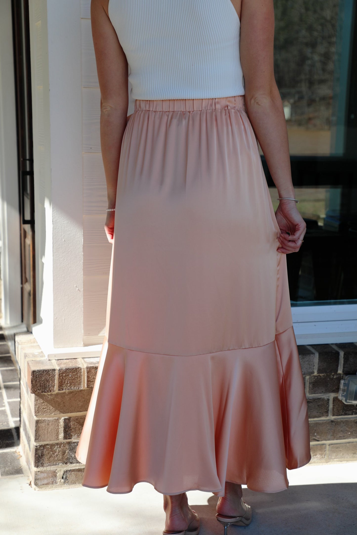 Cascading Ruffle Satin Midi Skirt