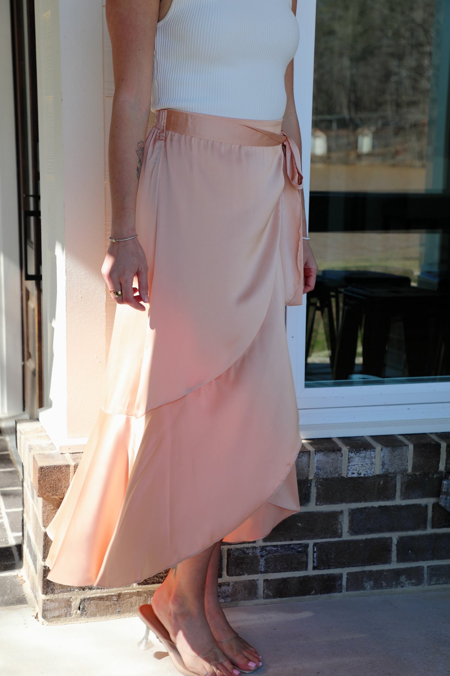 Cascading Ruffle Satin Midi Skirt
