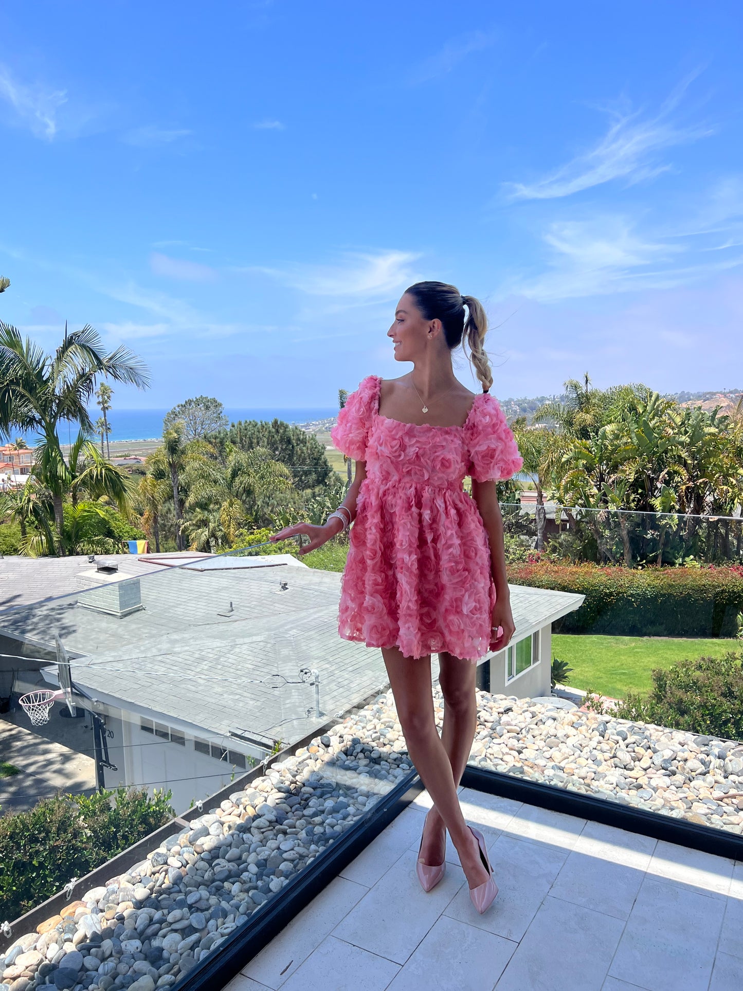 Pink Rose Puff Sleeve Mini Dress