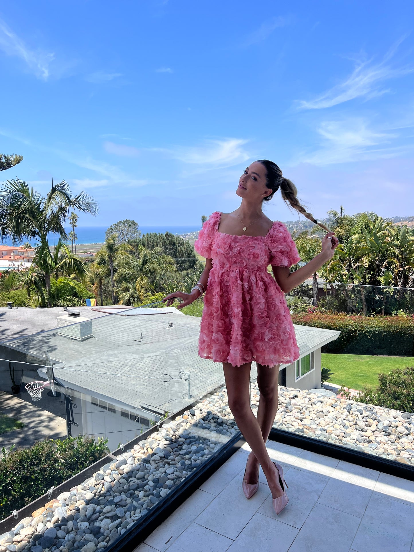 Pink Rose Puff Sleeve Mini Dress