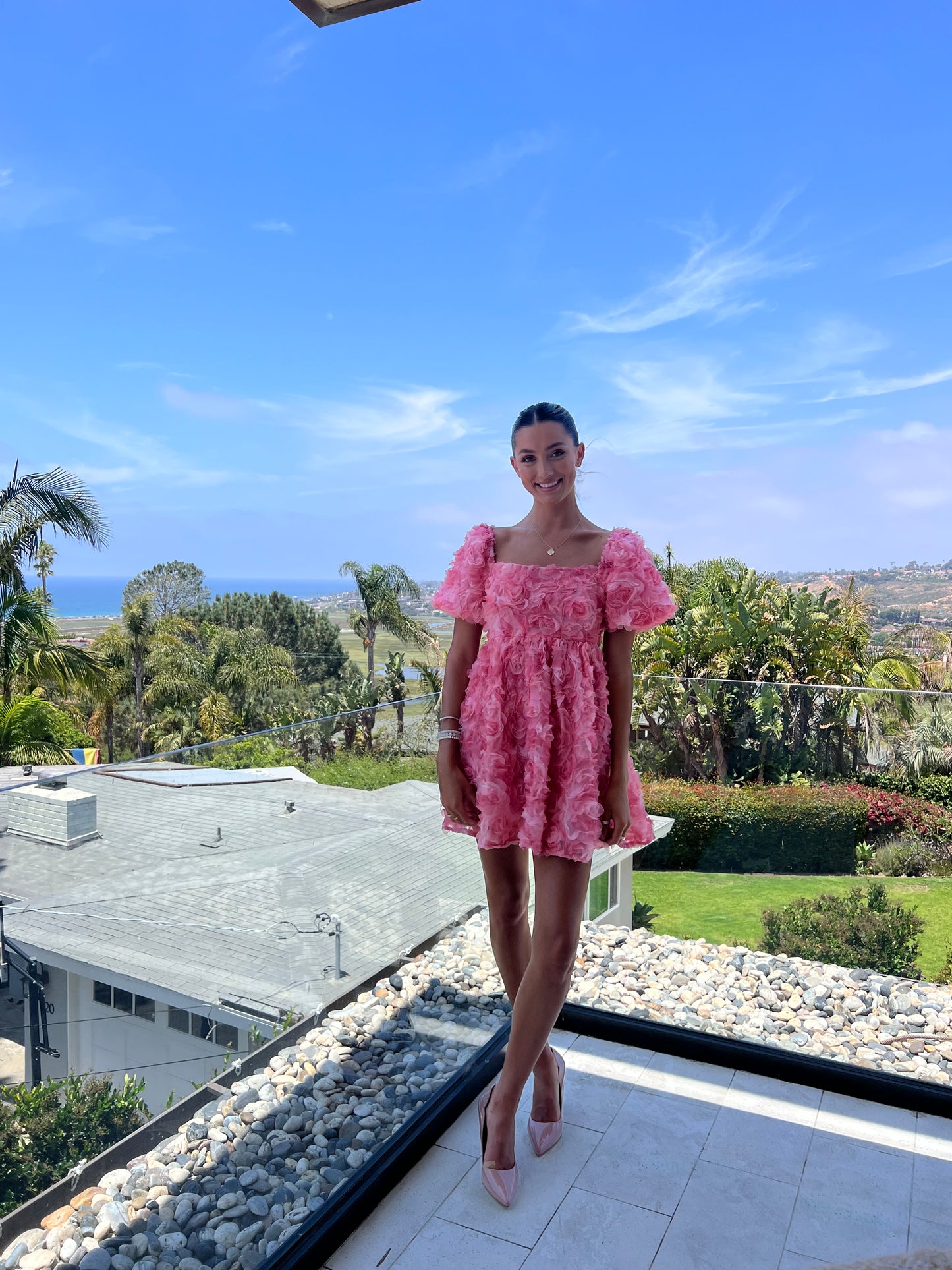 Pink Rose Puff Sleeve Mini Dress