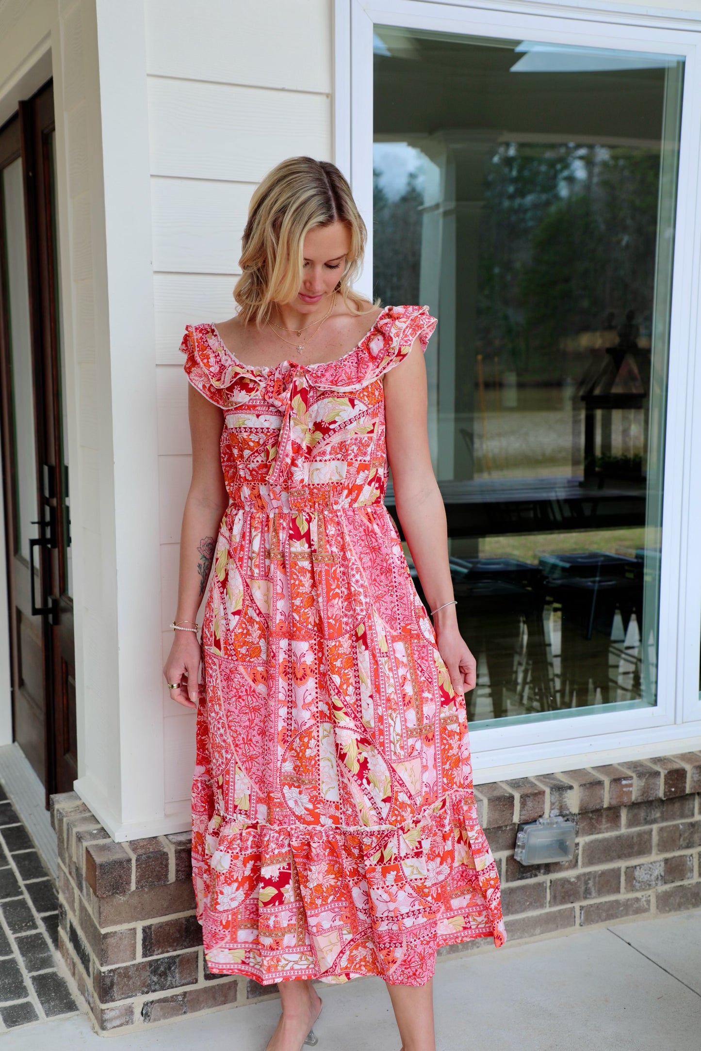 Ruffle Shoulder Elastic Waist Midi Dress