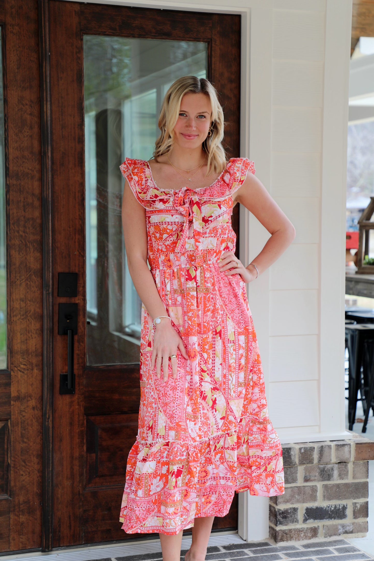 Ruffle Shoulder Elastic Waist Midi Dress