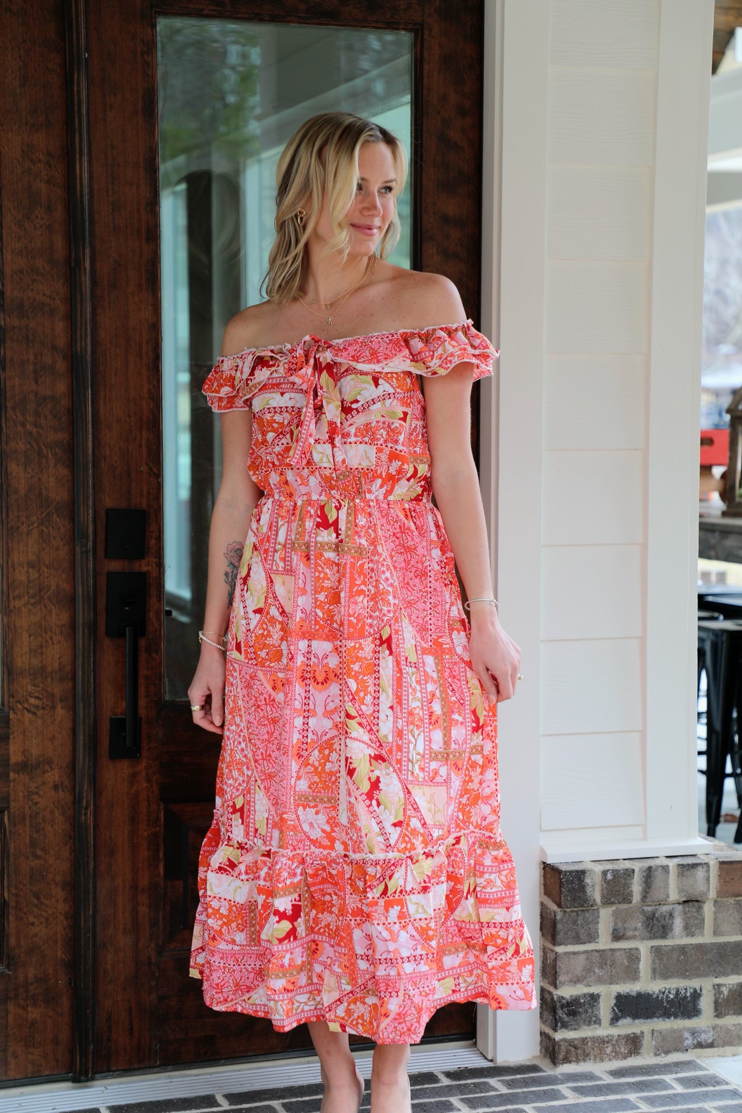 Ruffle Shoulder Elastic Waist Midi Dress